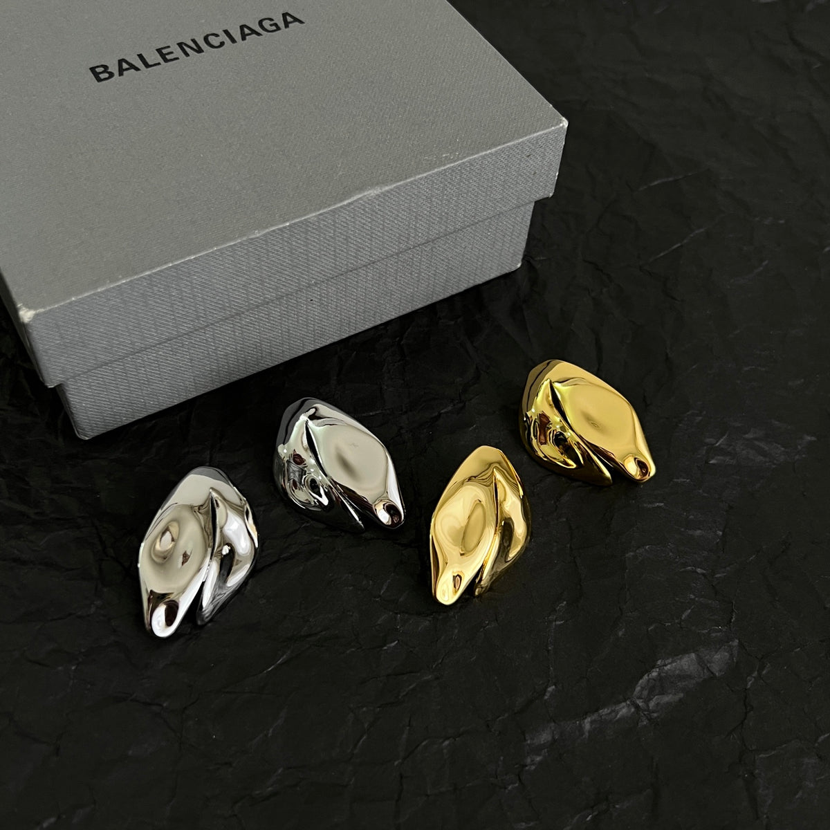 Geometric Emblem Stud Earrings in Polished Metal-Tone – Design 001 styled product view
