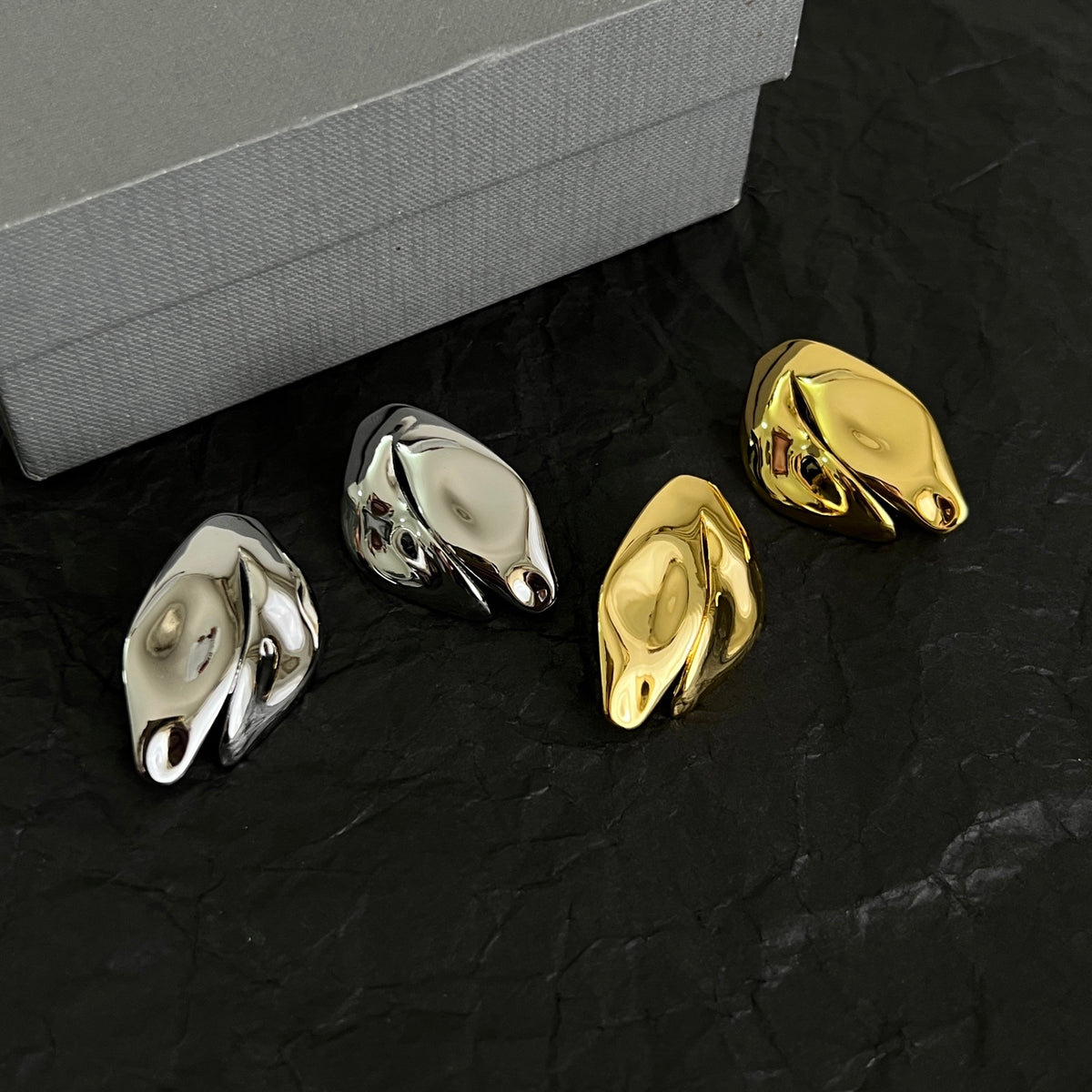 Geometric Emblem Stud Earrings in Polished Metal-Tone – Design 002 front product view