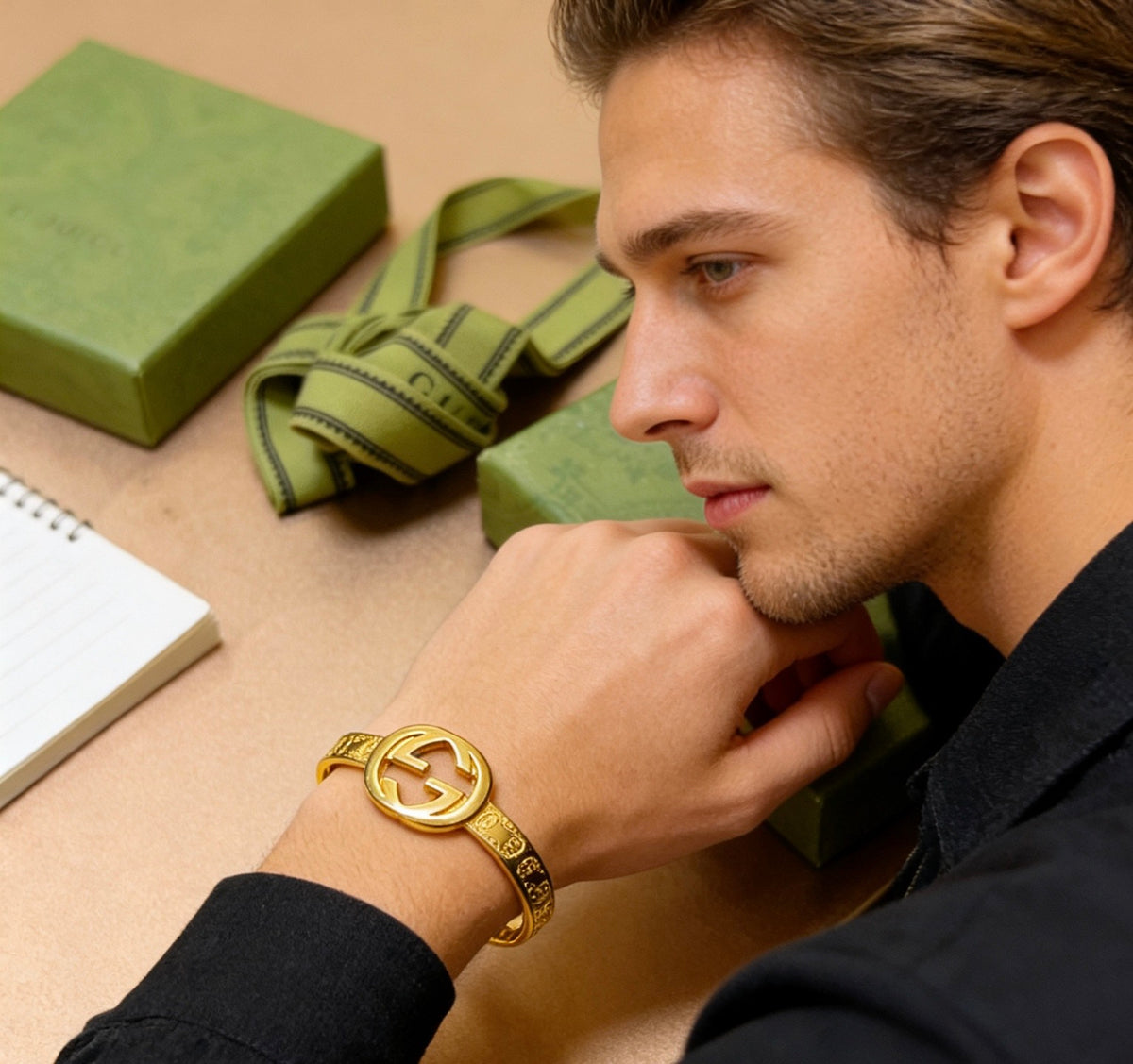 Double-G Emblem Bangle in Polished Metal-Tone – Design 009 detail view