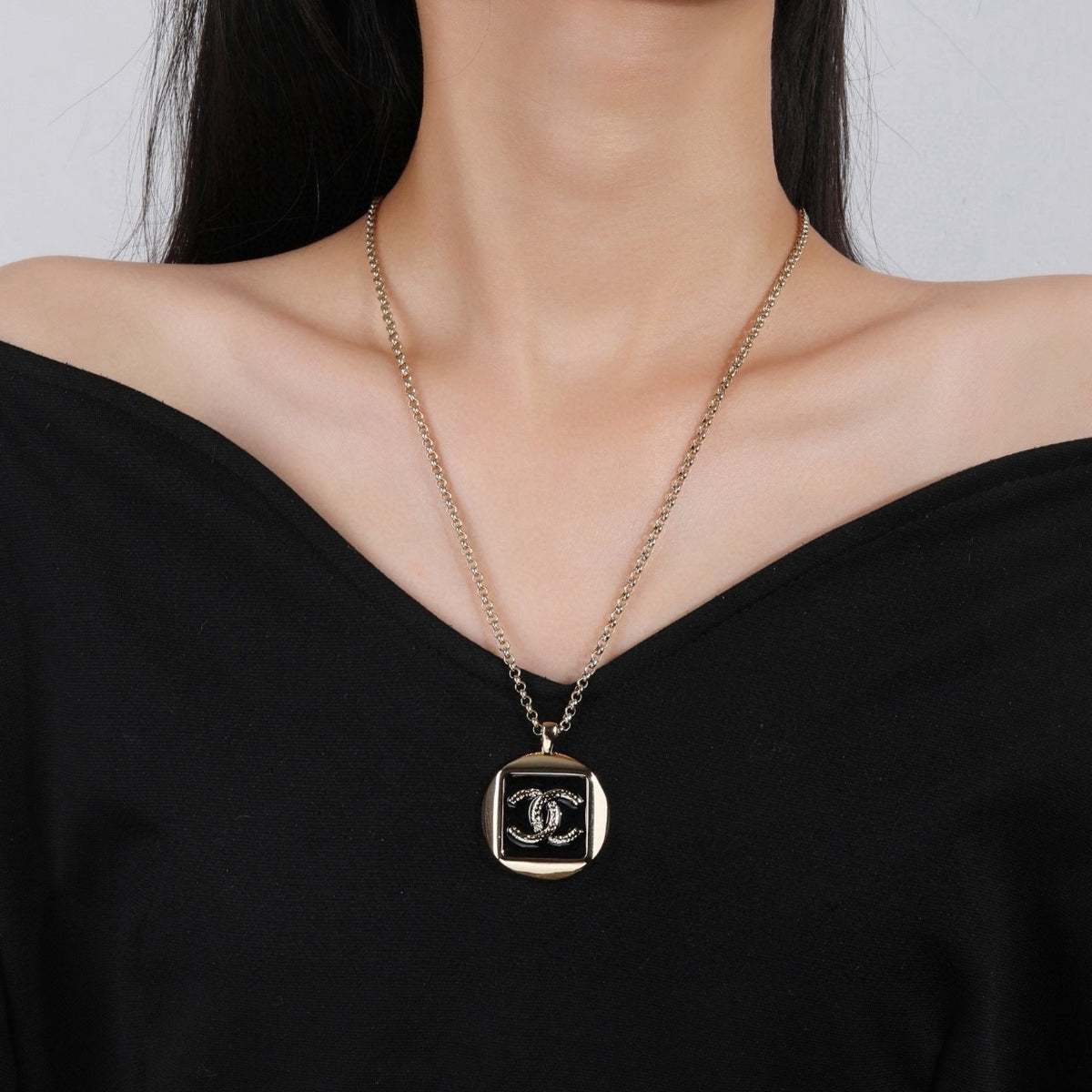 Signature Emblem Pendant Necklace in Polished Metal-Tone – Design 035 front product view