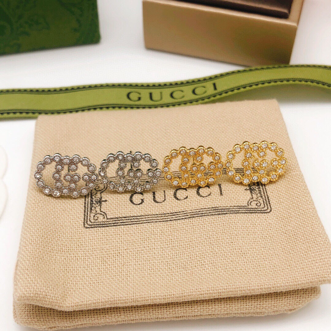 Double-G Emblem Stud Earrings in Polished Metal-Tone – Vintage Detail – Design 006 styled product view