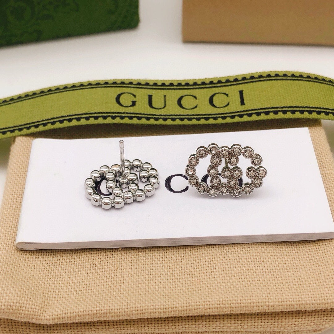 Double-G Emblem Stud Earrings in Polished Metal-Tone – Vintage Detail – Design 005 front product view