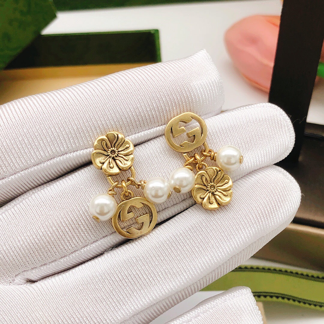 Floral Stud Earrings in Polished Metal-Tone – Design 004 front product view