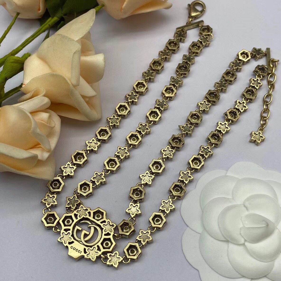 Geometric Emblem Pendant Necklace in Gold-Tone – Design 004 styled product view