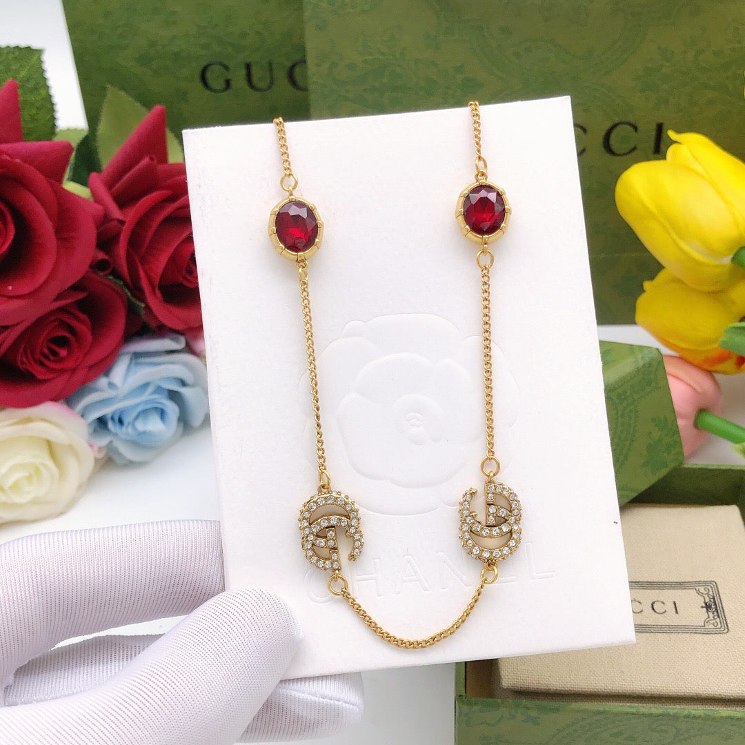 Geometric Emblem Pendant Necklace in Silver-Tone – Red Detail detail view