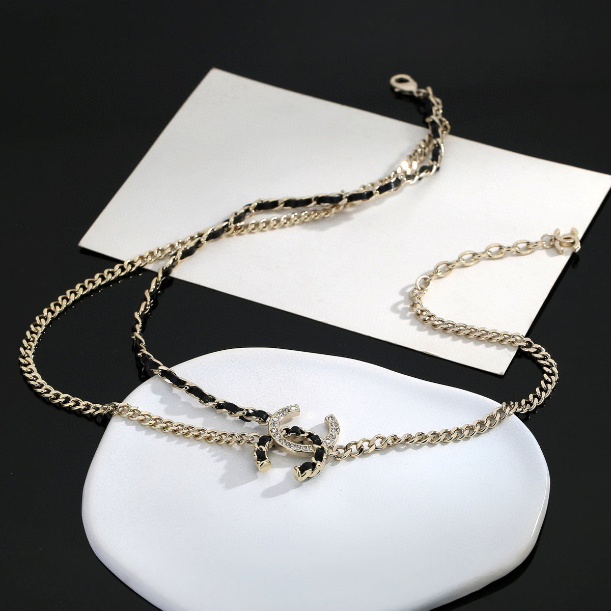 Signature Emblem Pendant Necklace in Gold-Tone – Black Detail – Design 008 side detail