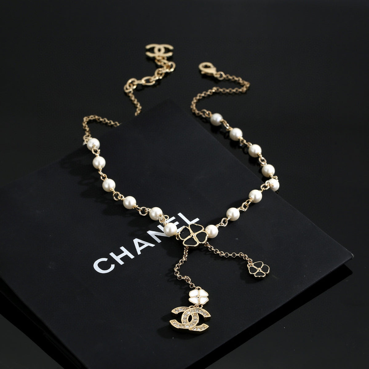 Double-C Emblem Pearl-Detail Pendant Necklace – Pearl Detail – Design 026 front product view