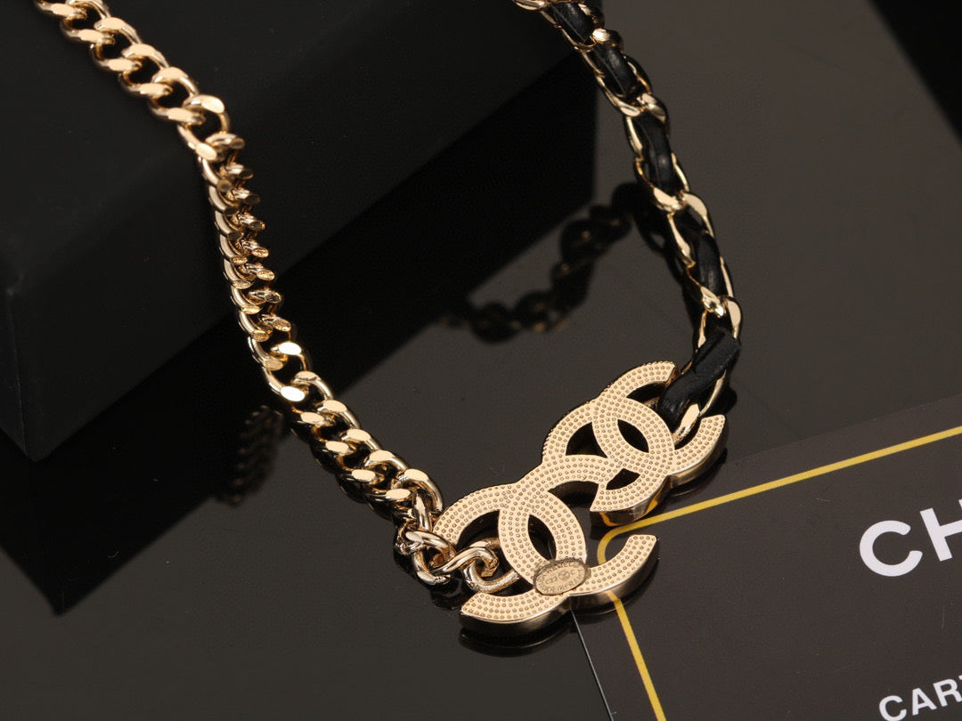 Signature Emblem Pendant Necklace in Gold-Tone – Black Detail – Design 007 front product view