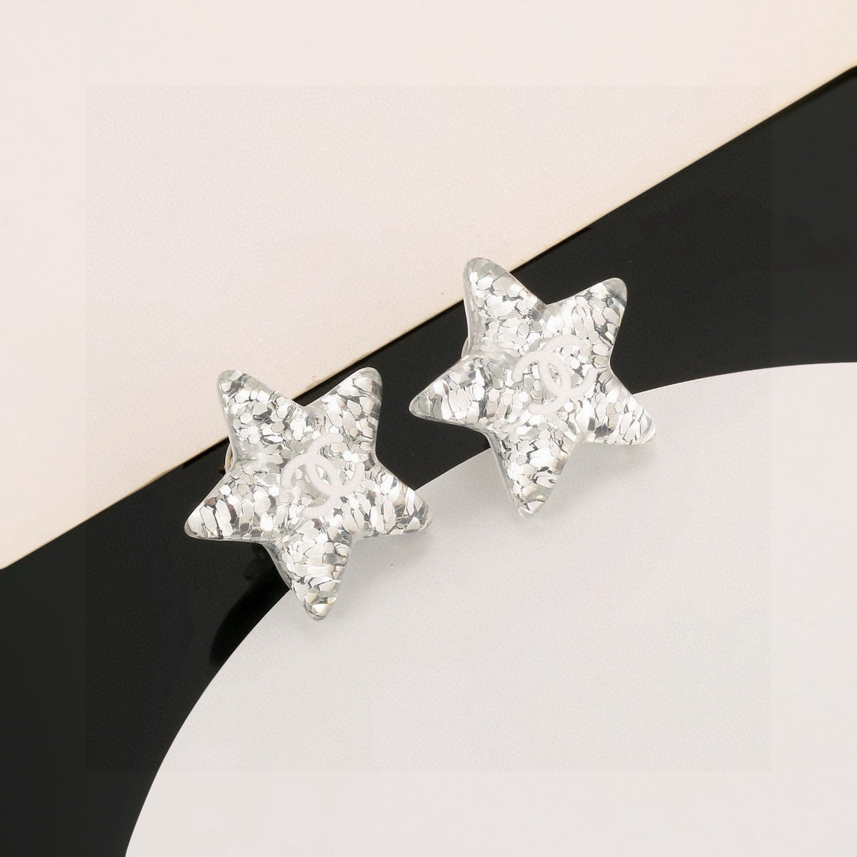 Double-C Emblem Stud Earrings in Silver-Tone – Star Detail – Design 002 front product view