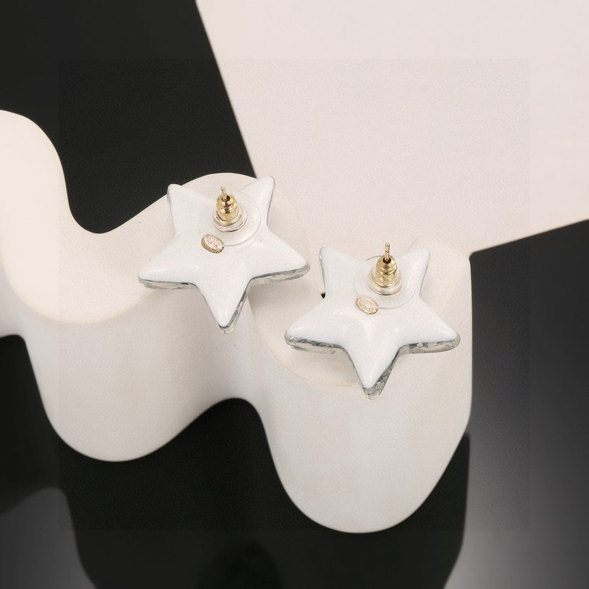 Double-C Emblem Stud Earrings in Silver-Tone – Star Detail – Design 002 styled product view
