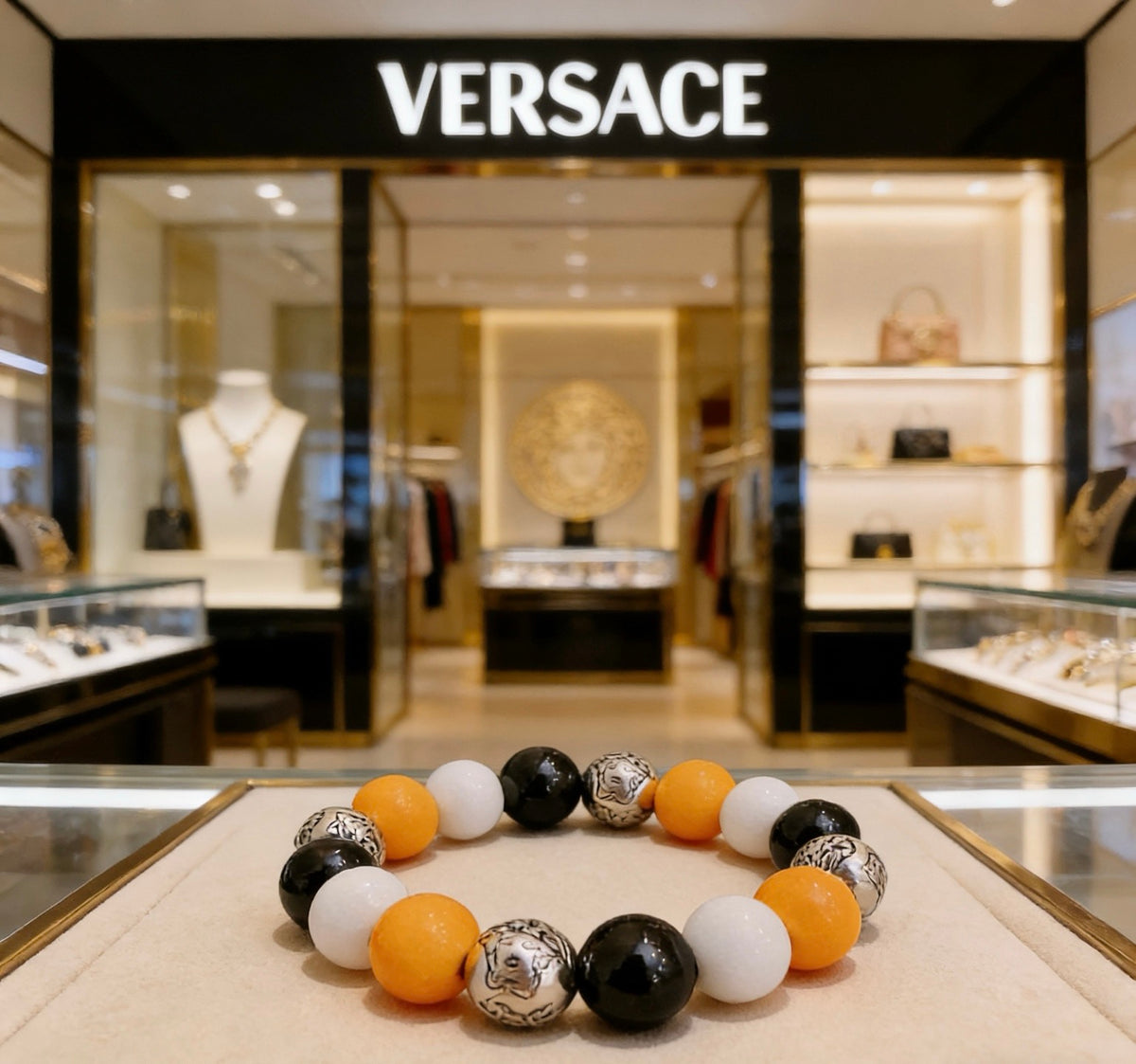 Medusa Head Beaded Bracelet with Agate-Style Beads – Rock-Inspired – Design 02 styled product view