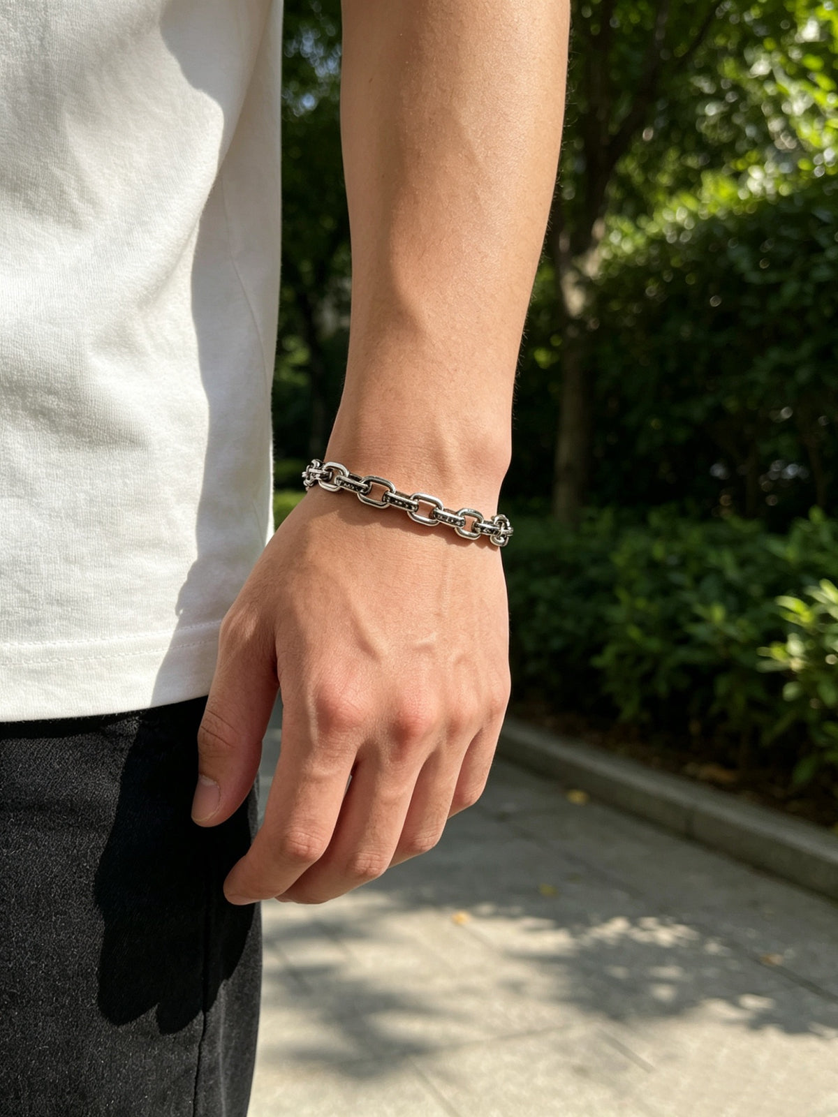 Cross Cuban-Link Bracelet in Antique Silver-Tone – Cuban Link – Design 09 front product view