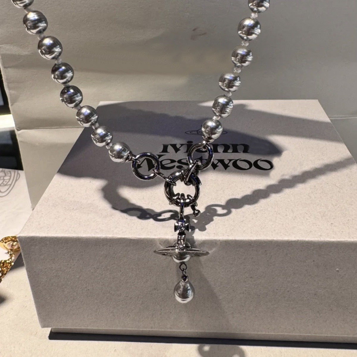 Orb Pendant Necklace in Polished Metal-Tone – Pearl Detail – Design 015 close-up detail