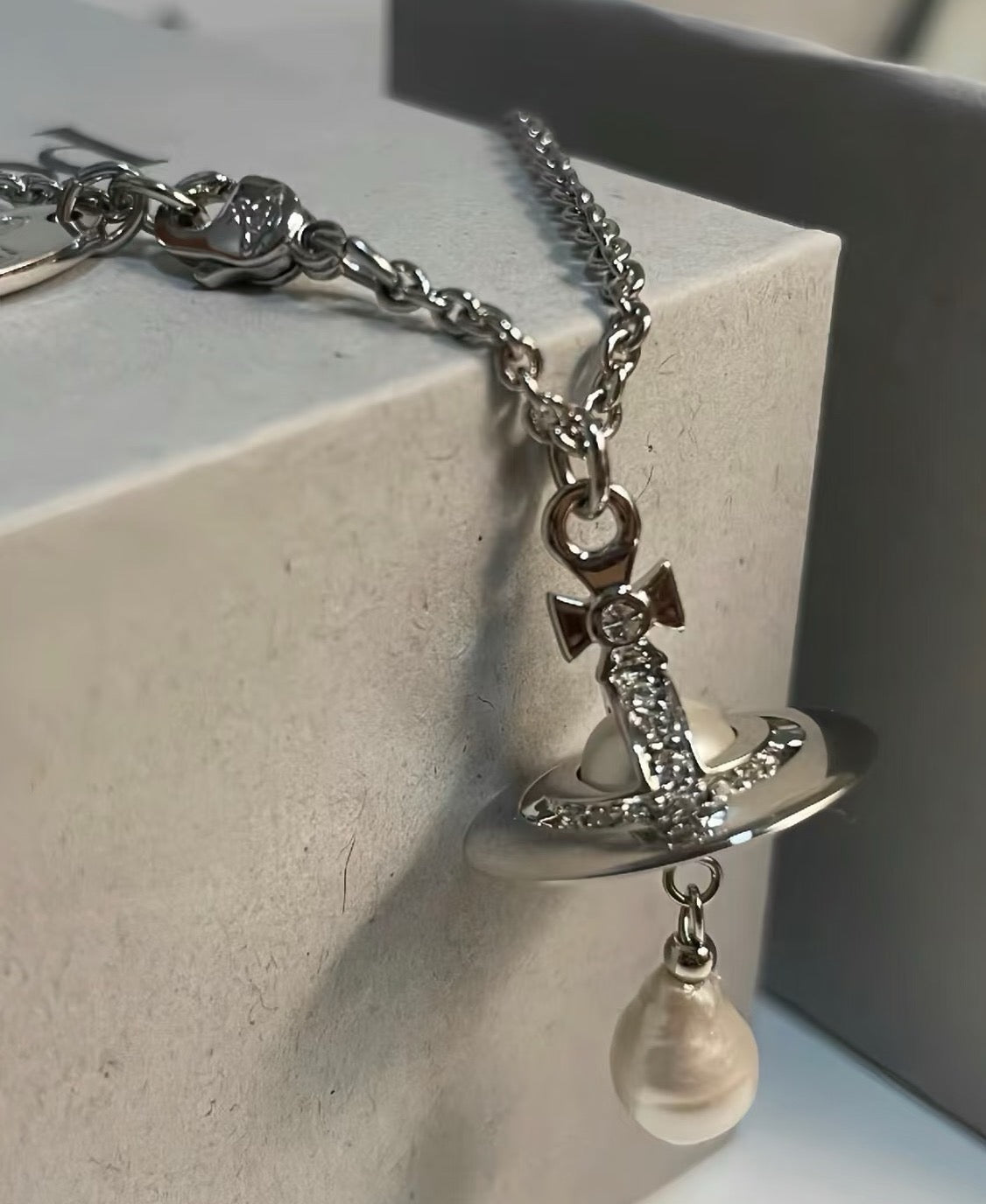 Orb Pendant Necklace in Polished Metal-Tone – Pearl Detail – Design 014 detail view