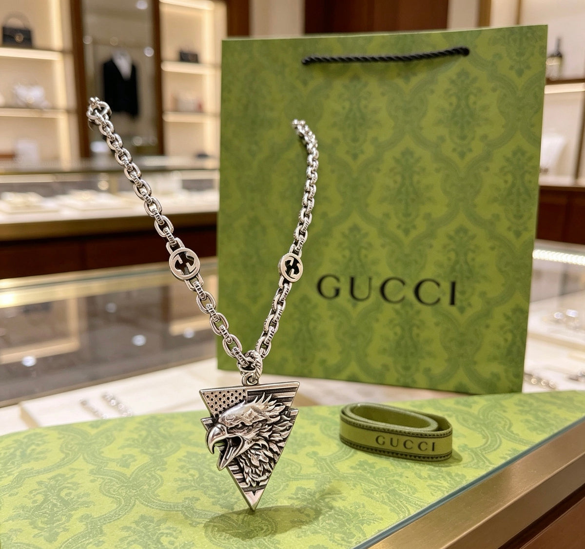 Double-G Emblem Pendant Necklace in Polished Metal-Tone – Vintage Detail – Design 017 styled product view