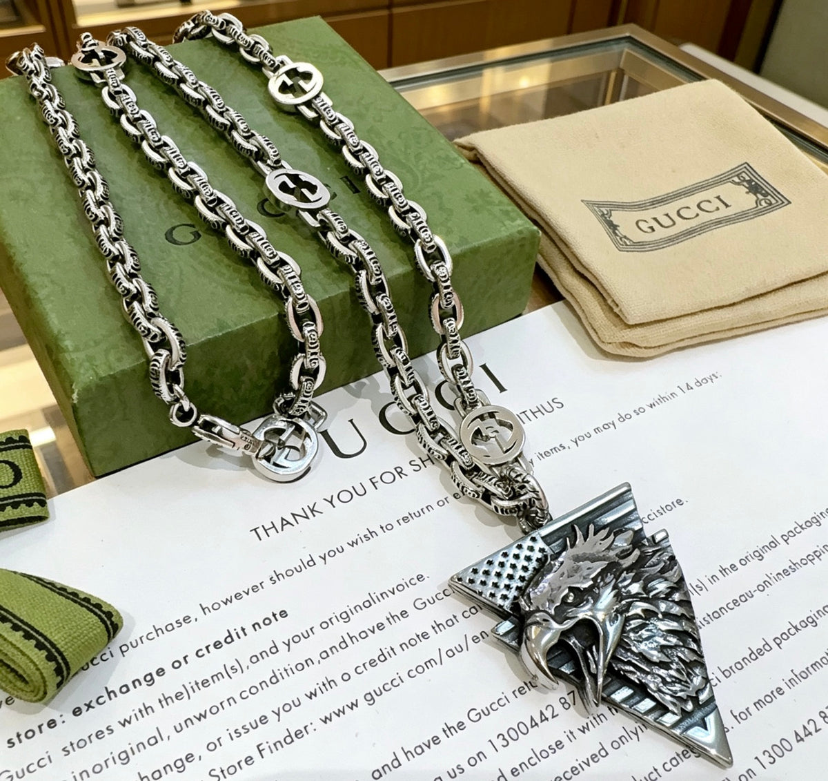 Double-G Emblem Pendant Necklace in Polished Metal-Tone – Vintage Detail – Design 015 main product view