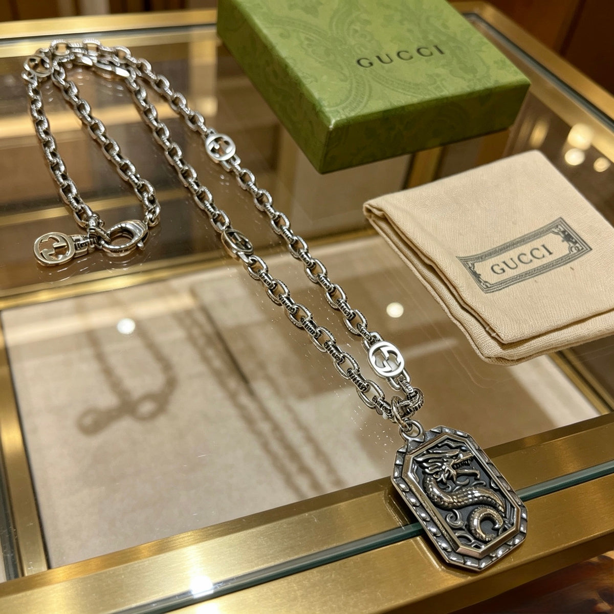 Double-G Emblem Pendant Necklace in Polished Metal-Tone – Design 044 main product view