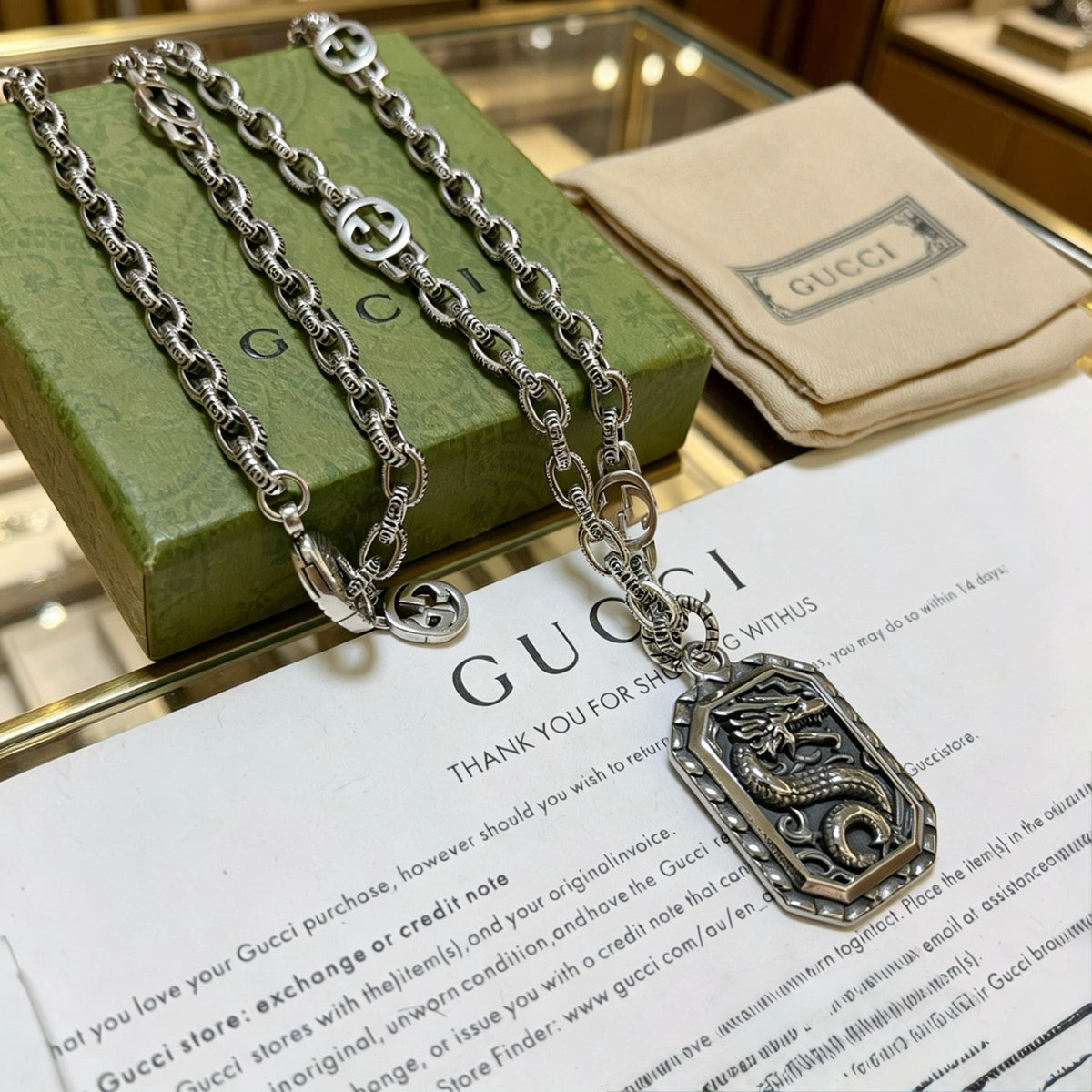 Double-G Emblem Pendant Necklace in Polished Metal-Tone – Design 044 side detail