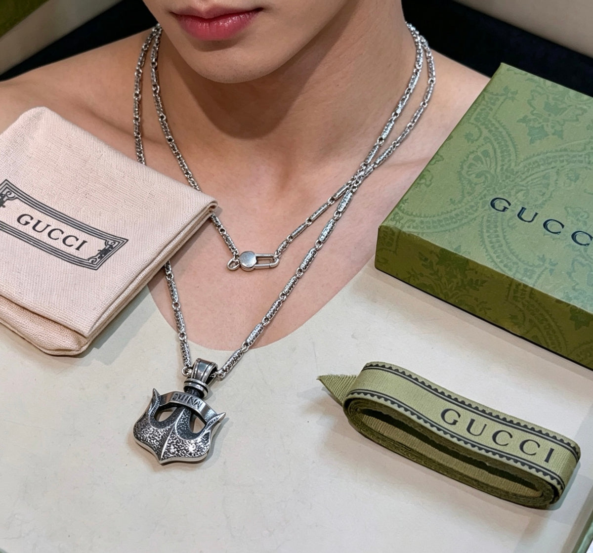 Double-G Emblem Pendant Necklace in Polished Metal-Tone – Design 055 main product view