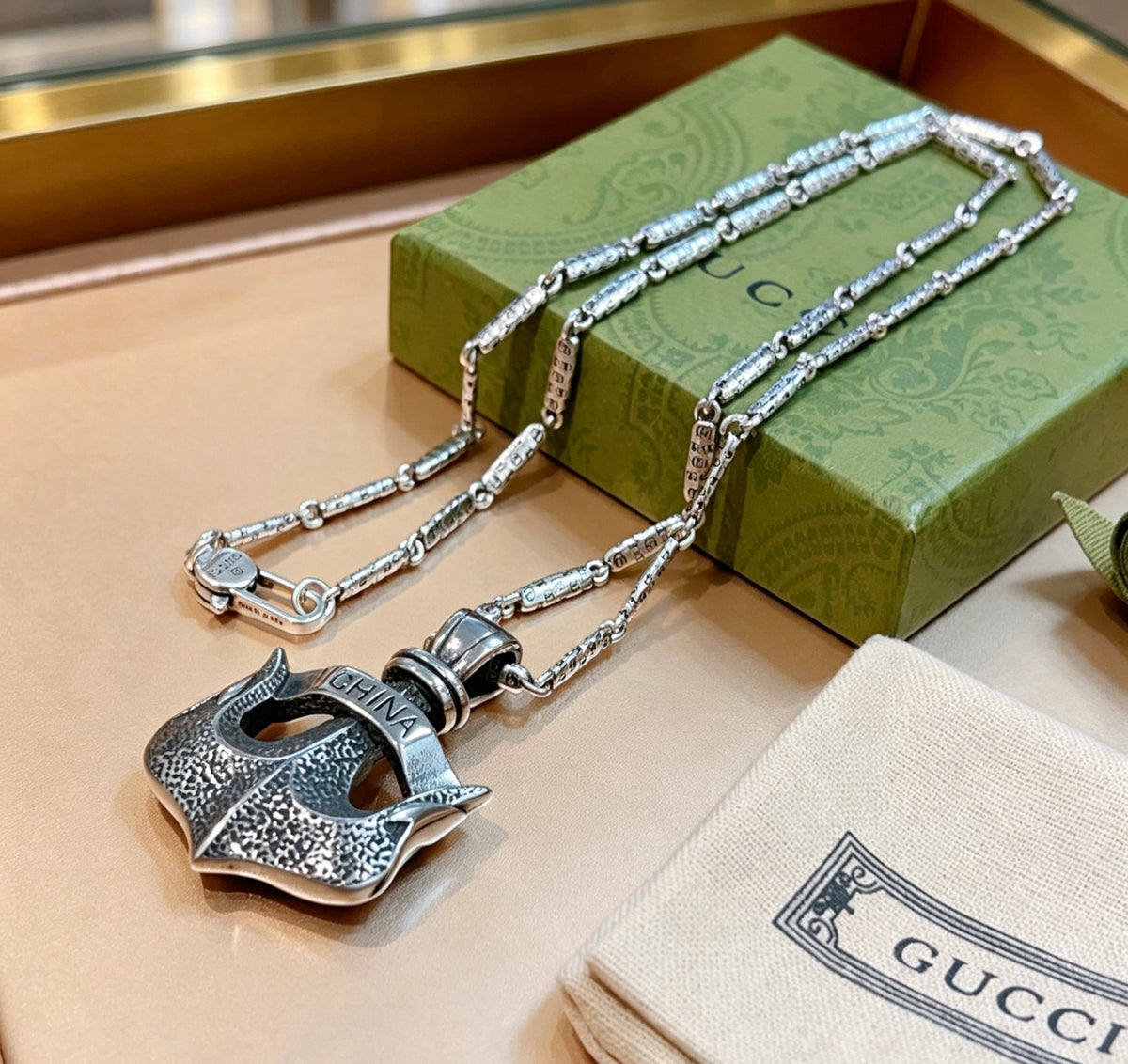 Double-G Emblem Pendant Necklace in Polished Metal-Tone – Design 043 main product view