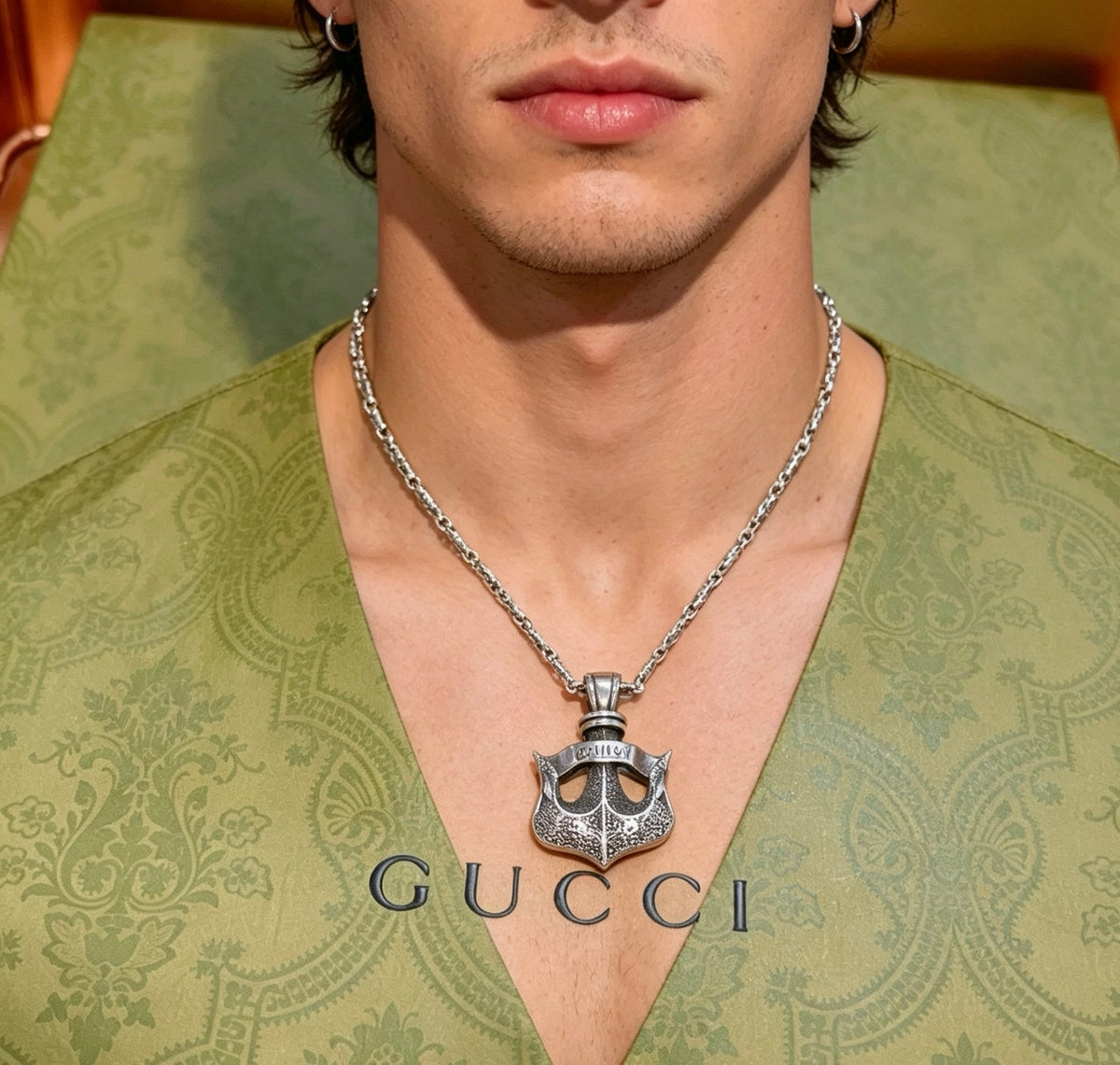 Double-G Emblem Pendant Necklace in Polished Metal-Tone – Design 043 styled product view