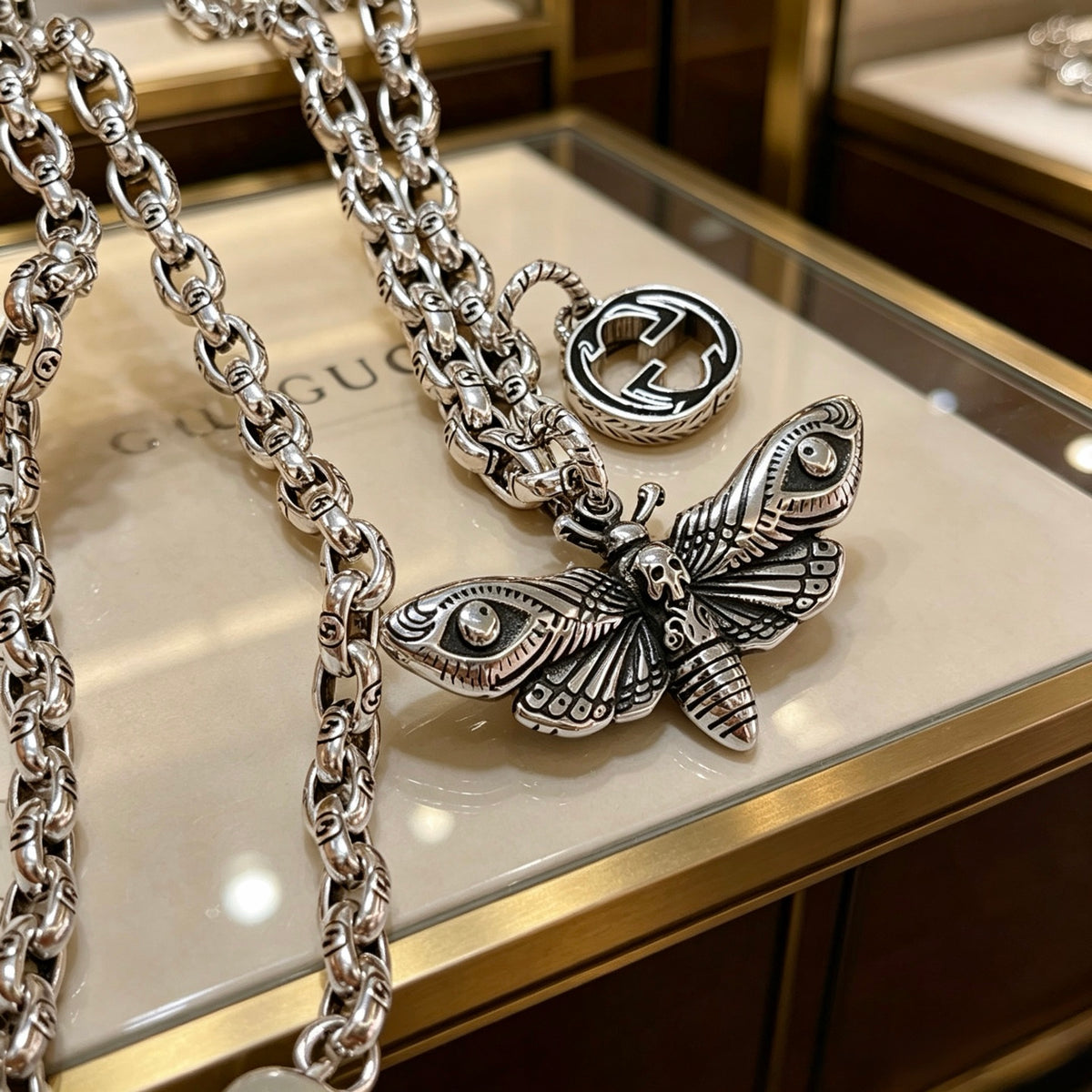 Double-G Emblem Pendant Necklace in Polished Metal-Tone – Design 042 styled product view