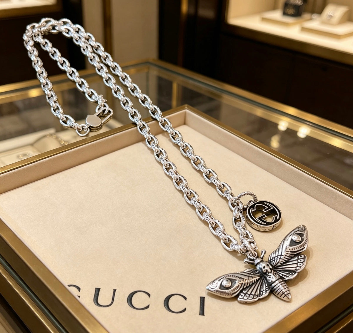 Double-G Emblem Pendant Necklace in Polished Metal-Tone – Design 054 main product view