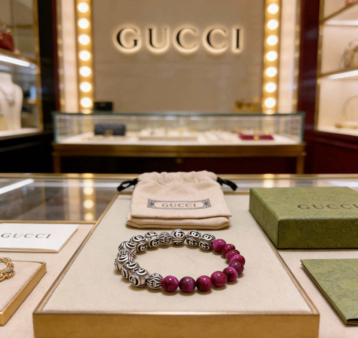 Double-G Emblem Beaded Bracelet in Polished Metal-Tone – Crystal Detail – Design 006 detail view