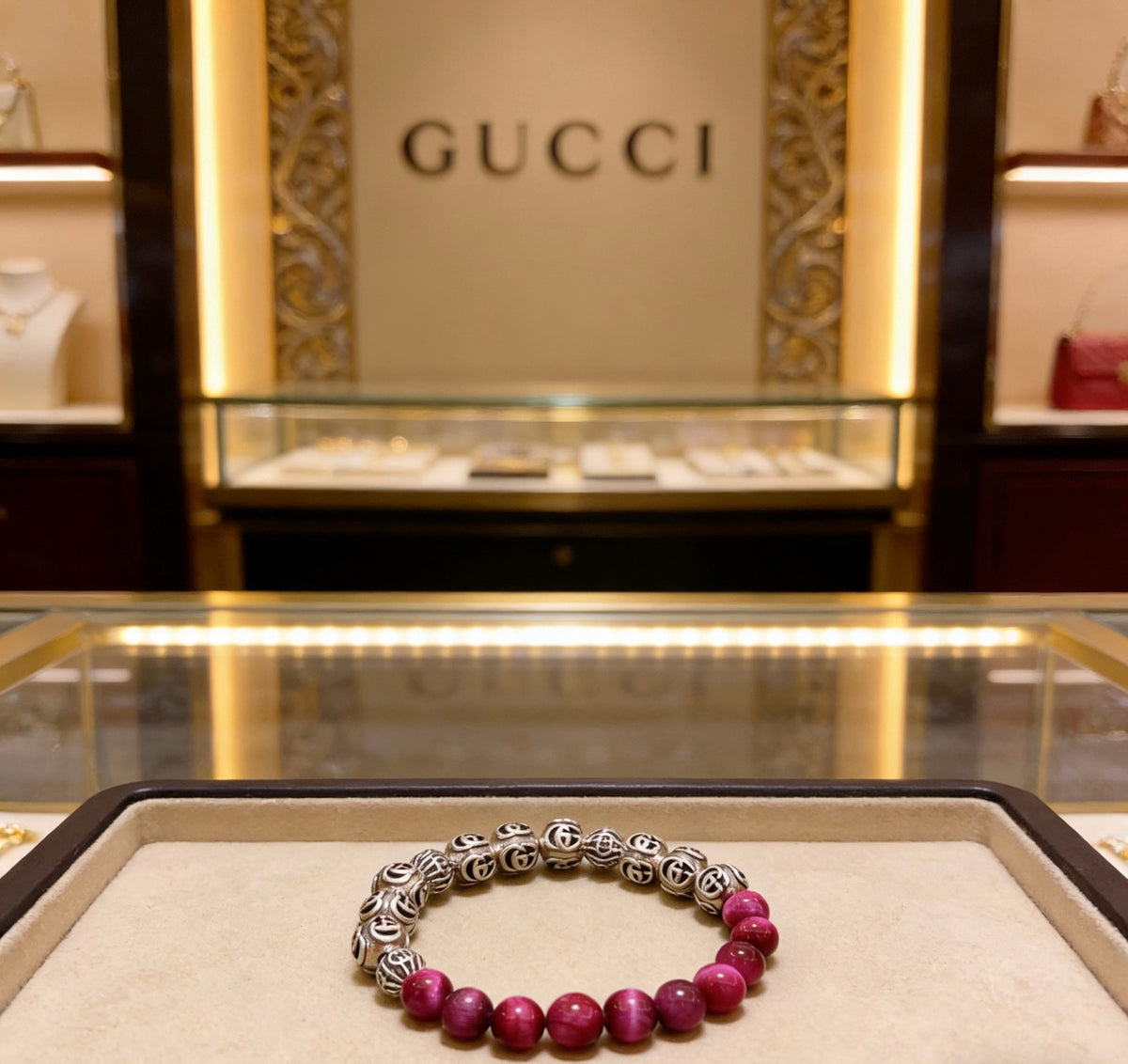 Double-G Emblem Beaded Bracelet in Polished Metal-Tone – Crystal Detail – Design 006 side detail