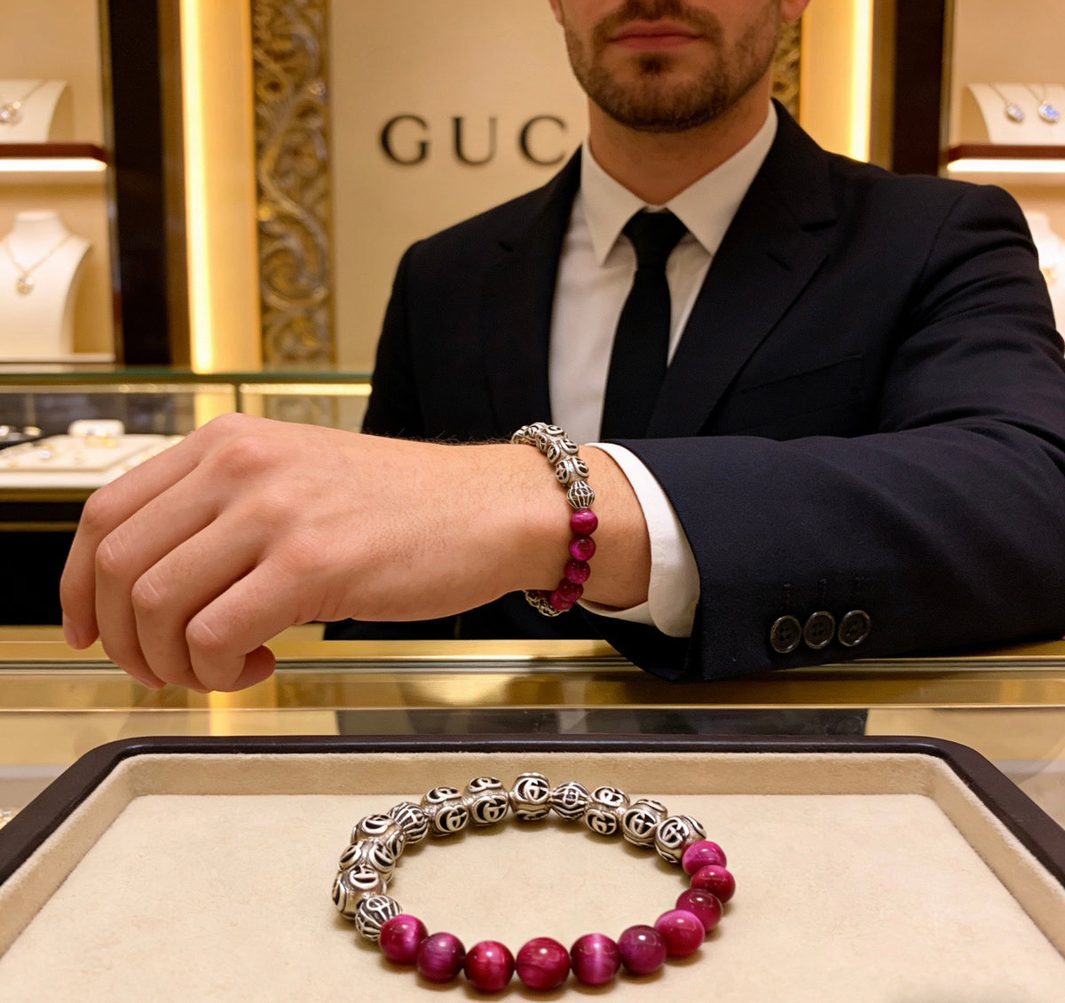 Double-G Emblem Beaded Bracelet in Polished Metal-Tone – Crystal Detail – Design 008 styled product view