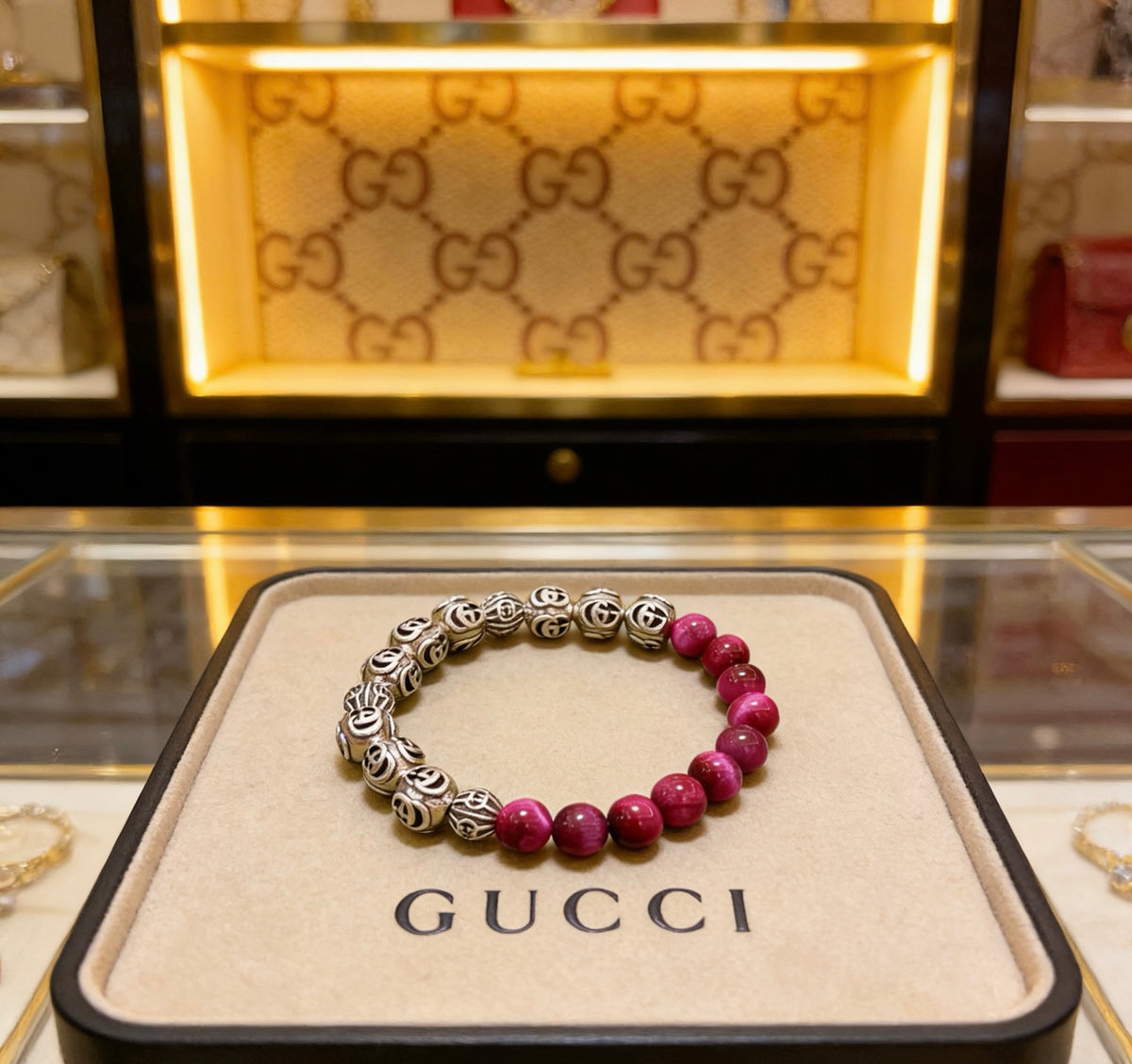 Double-G Emblem Beaded Bracelet in Polished Metal-Tone – Crystal Detail – Design 008 main product view