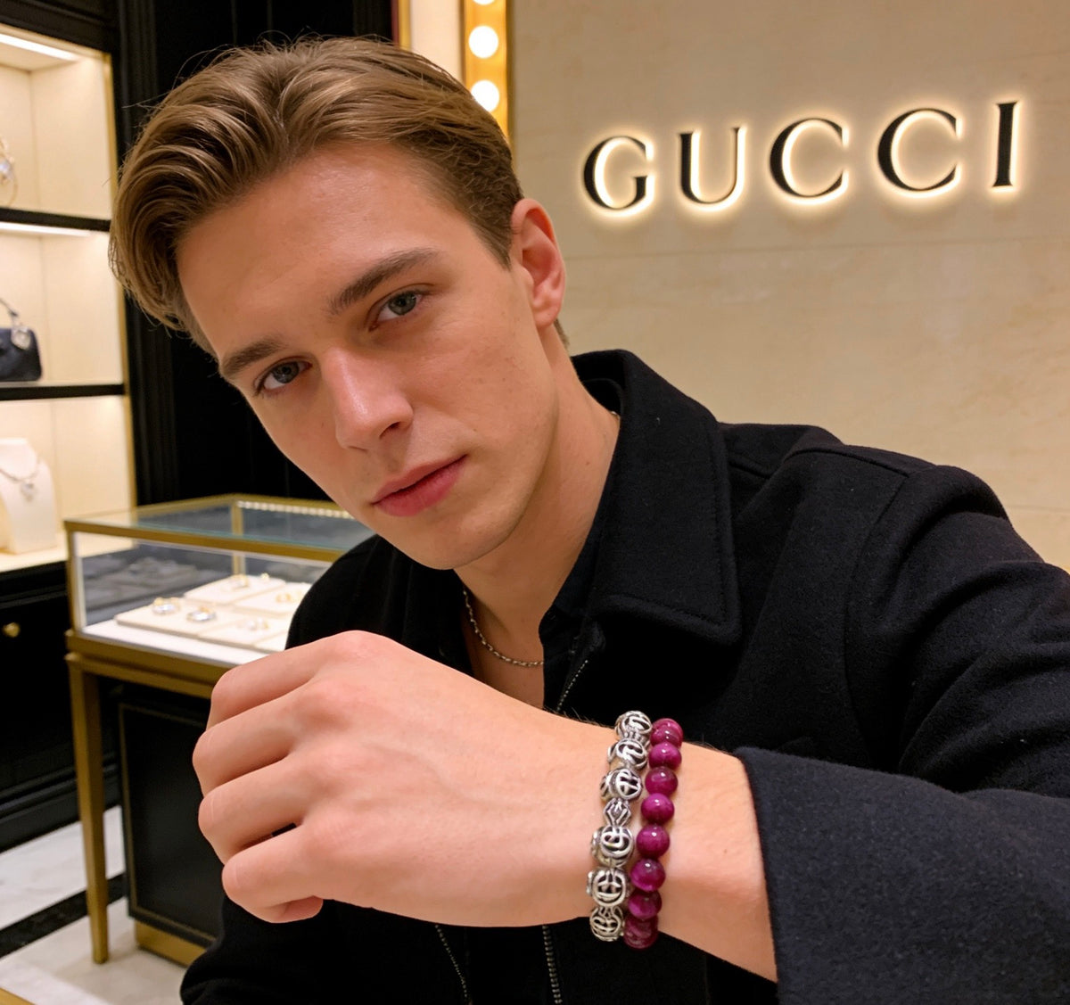 Double-G Emblem Beaded Bracelet in Polished Metal-Tone – Crystal Detail – Design 006 front product view