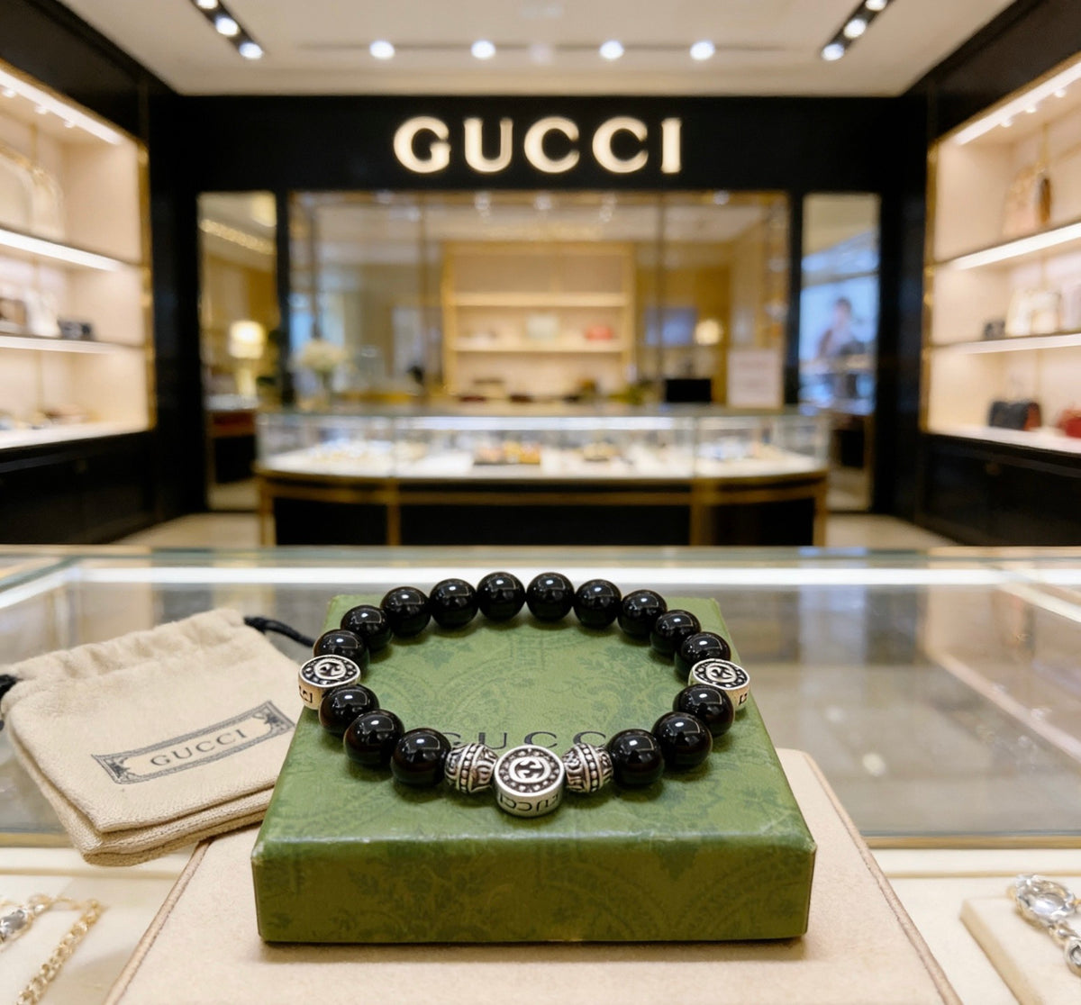 Double-G Emblem Beaded Bracelet in Polished Metal-Tone – Agate Detail – Design 009 main product view