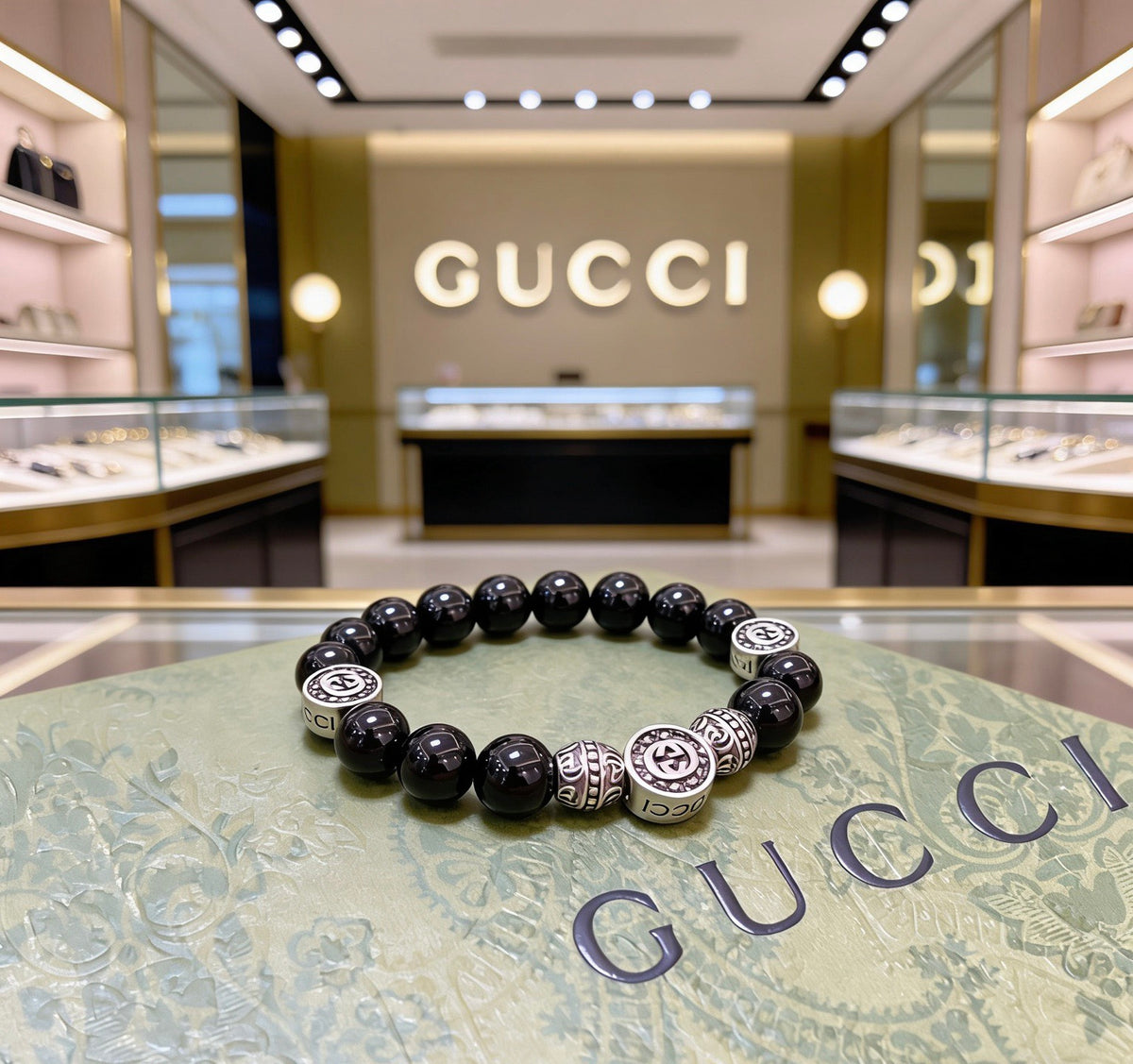 Double-G Emblem Beaded Bracelet in Polished Metal-Tone – Agate Detail – Design 010 front product view