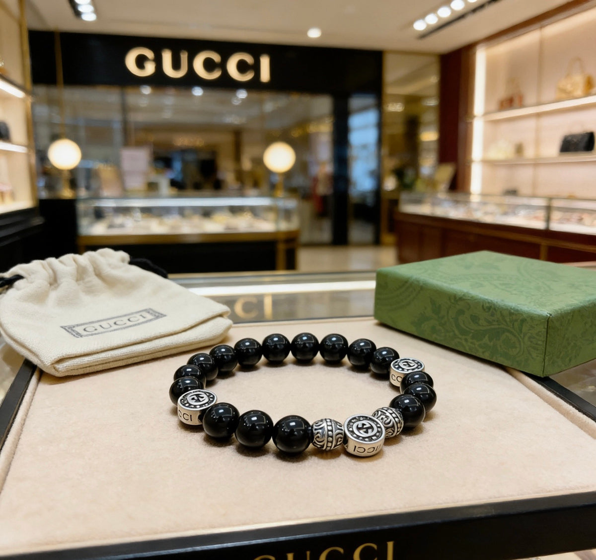 Double-G Emblem Beaded Bracelet in Polished Metal-Tone – Agate Detail – Design 009 front product view
