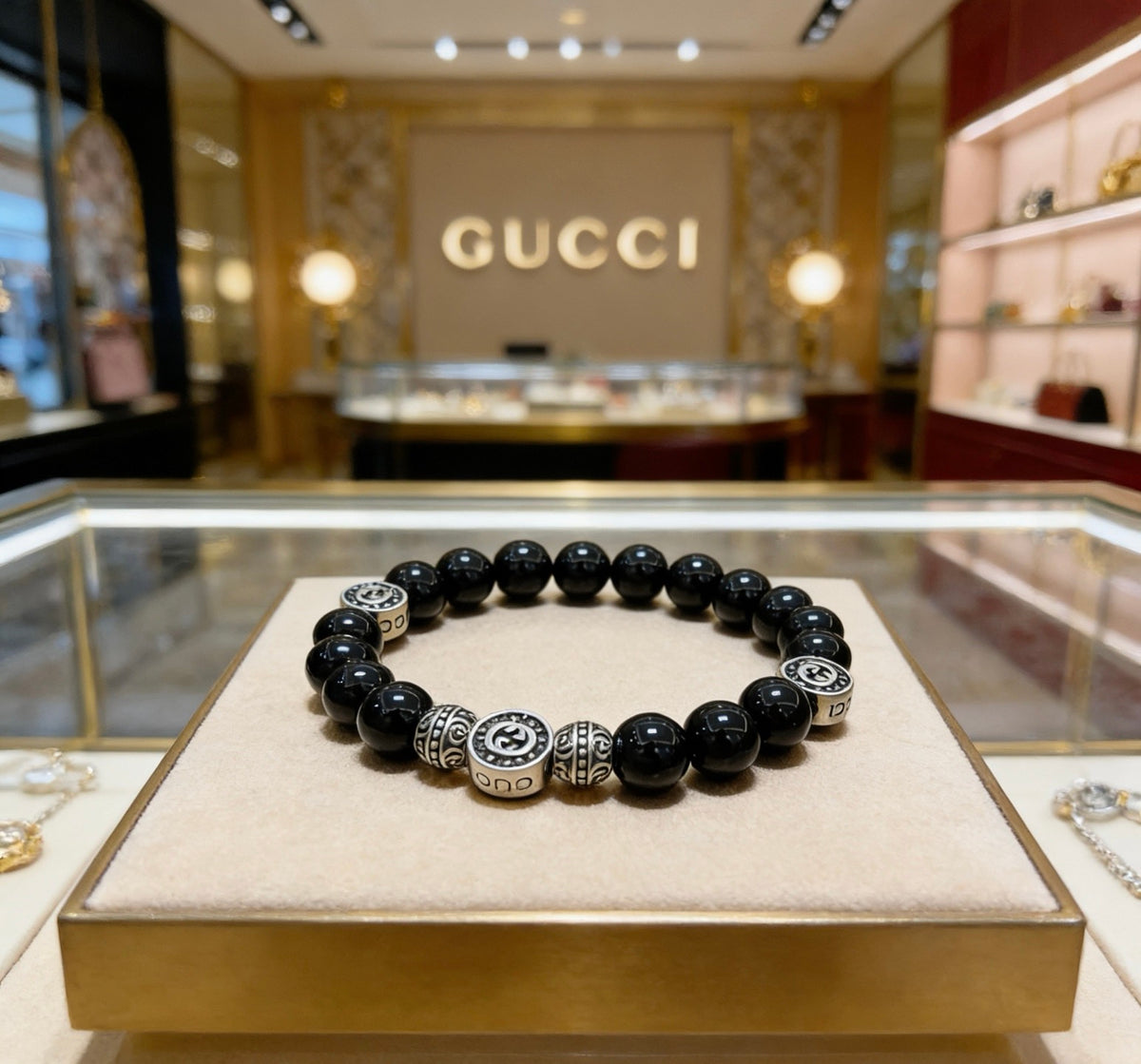 Double-G Emblem Beaded Bracelet in Polished Metal-Tone – Agate Detail – Design 009 main product view