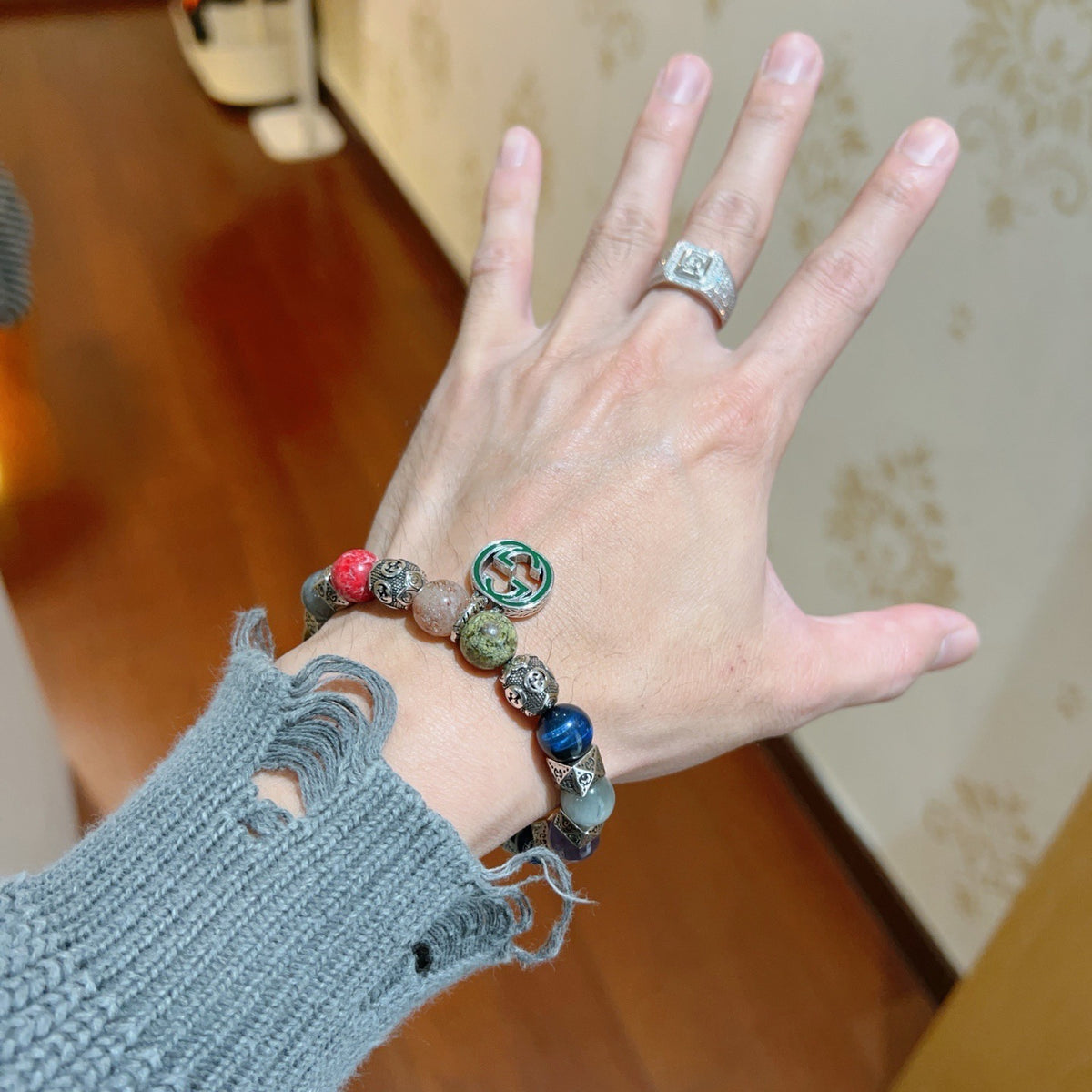 Geometric Emblem Bracelet in Polished Metal-Tone – Vintage Detail detail view