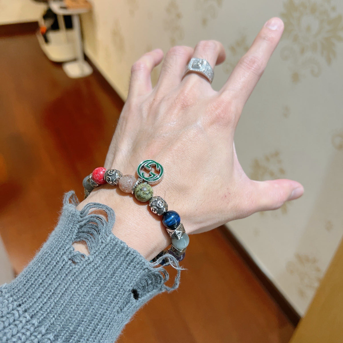Geometric Emblem Bracelet in Polished Metal-Tone – Vintage Detail – Design 002 main product view