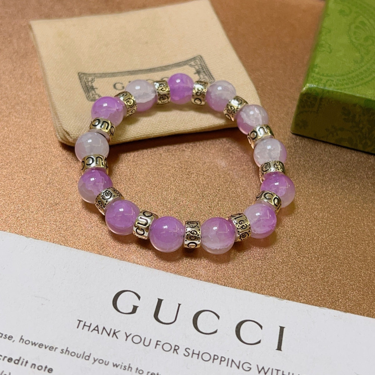 Double-G Emblem Beaded Bracelet in Polished Metal-Tone – Crystal Detail – Design 005 detail view