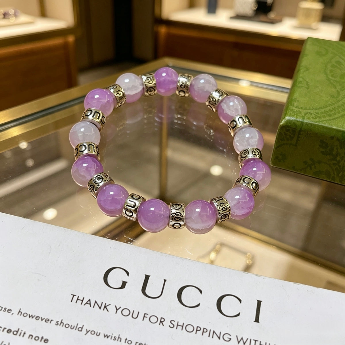 Double-G Emblem Beaded Bracelet in Polished Metal-Tone – Crystal Detail – Design 005 front product view