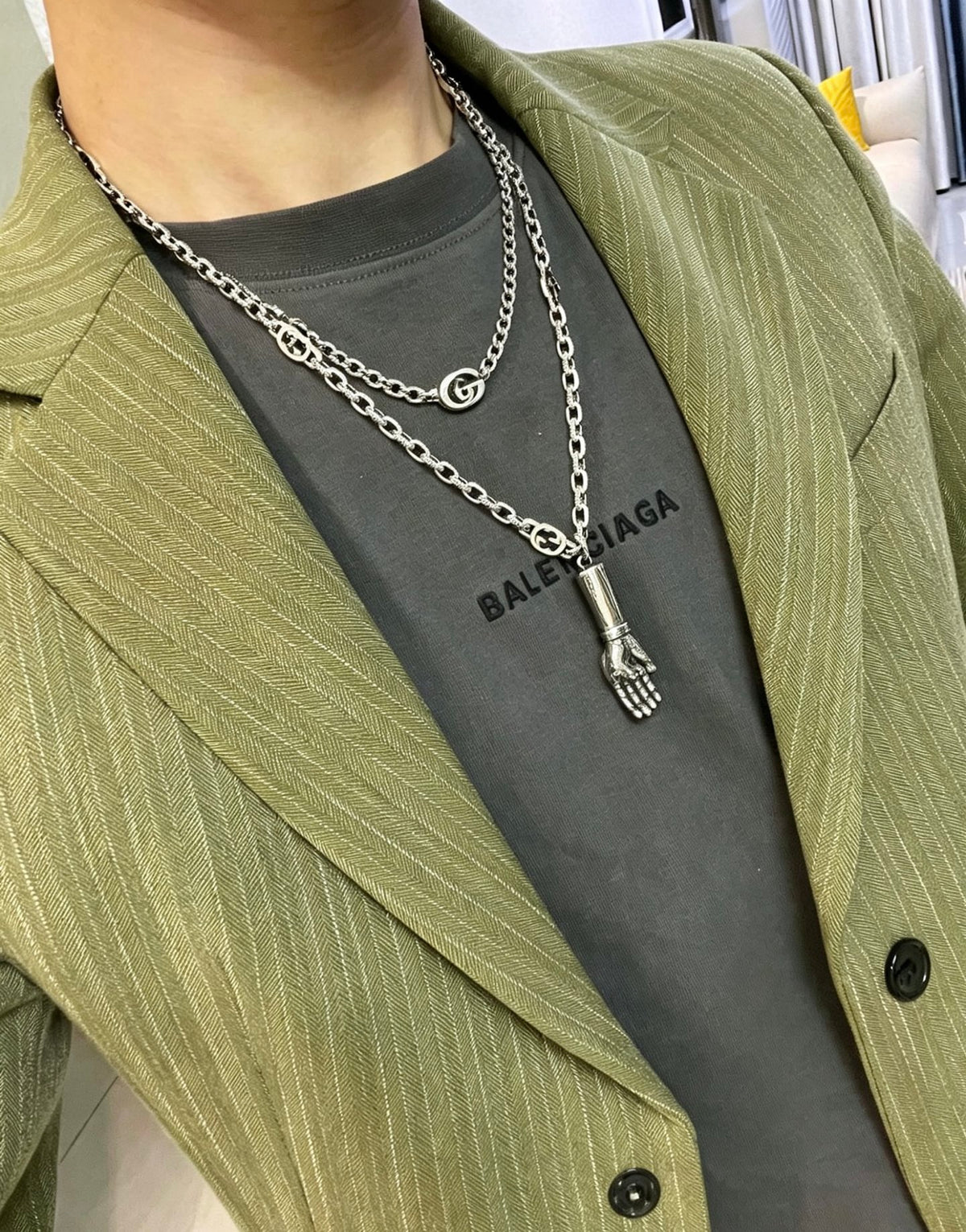 Double-G Emblem Pendant Necklace in Polished Metal-Tone – Design 052 styled product view