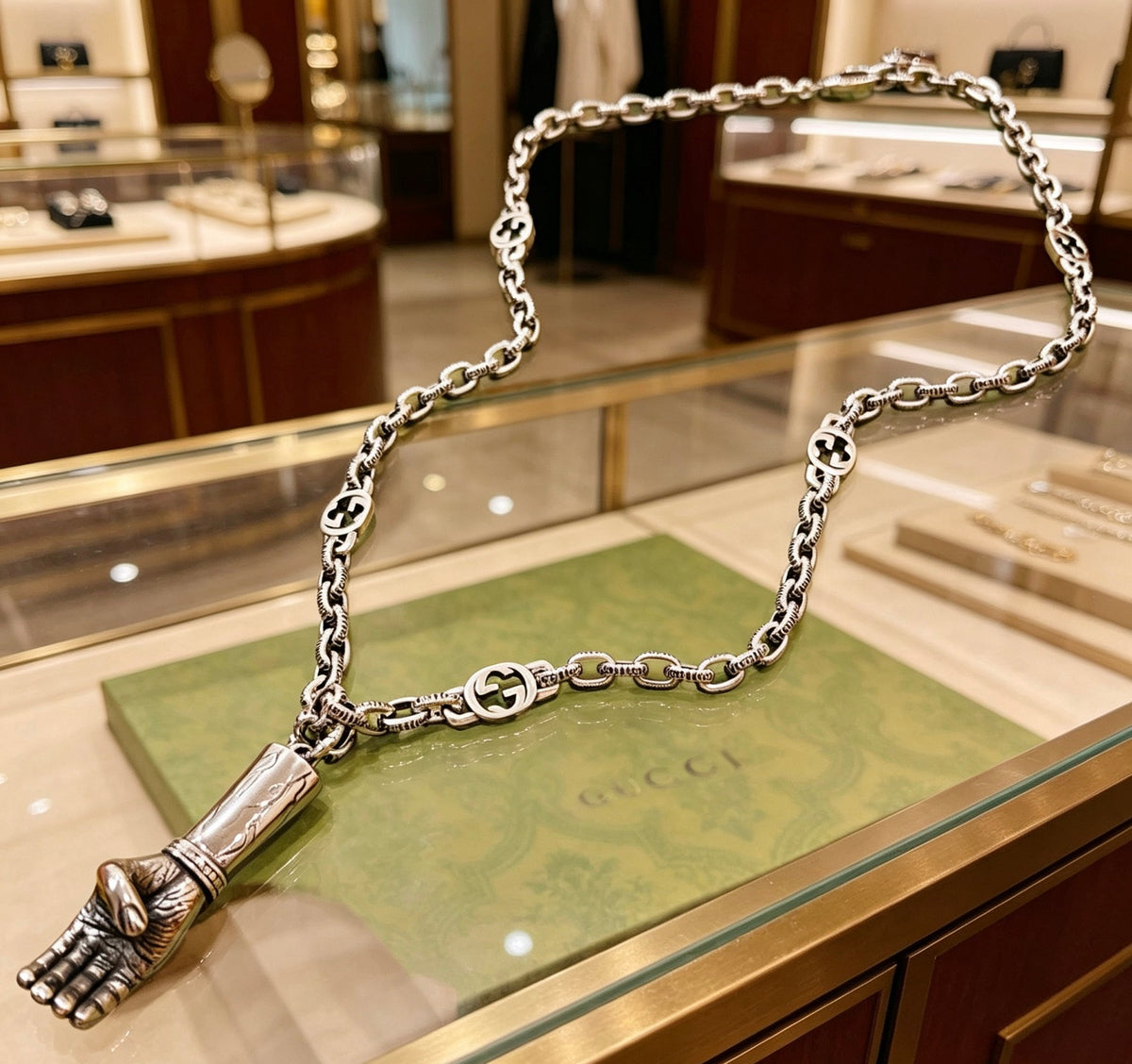 Double-G Emblem Pendant Necklace in Polished Metal-Tone – Design 069 main product view