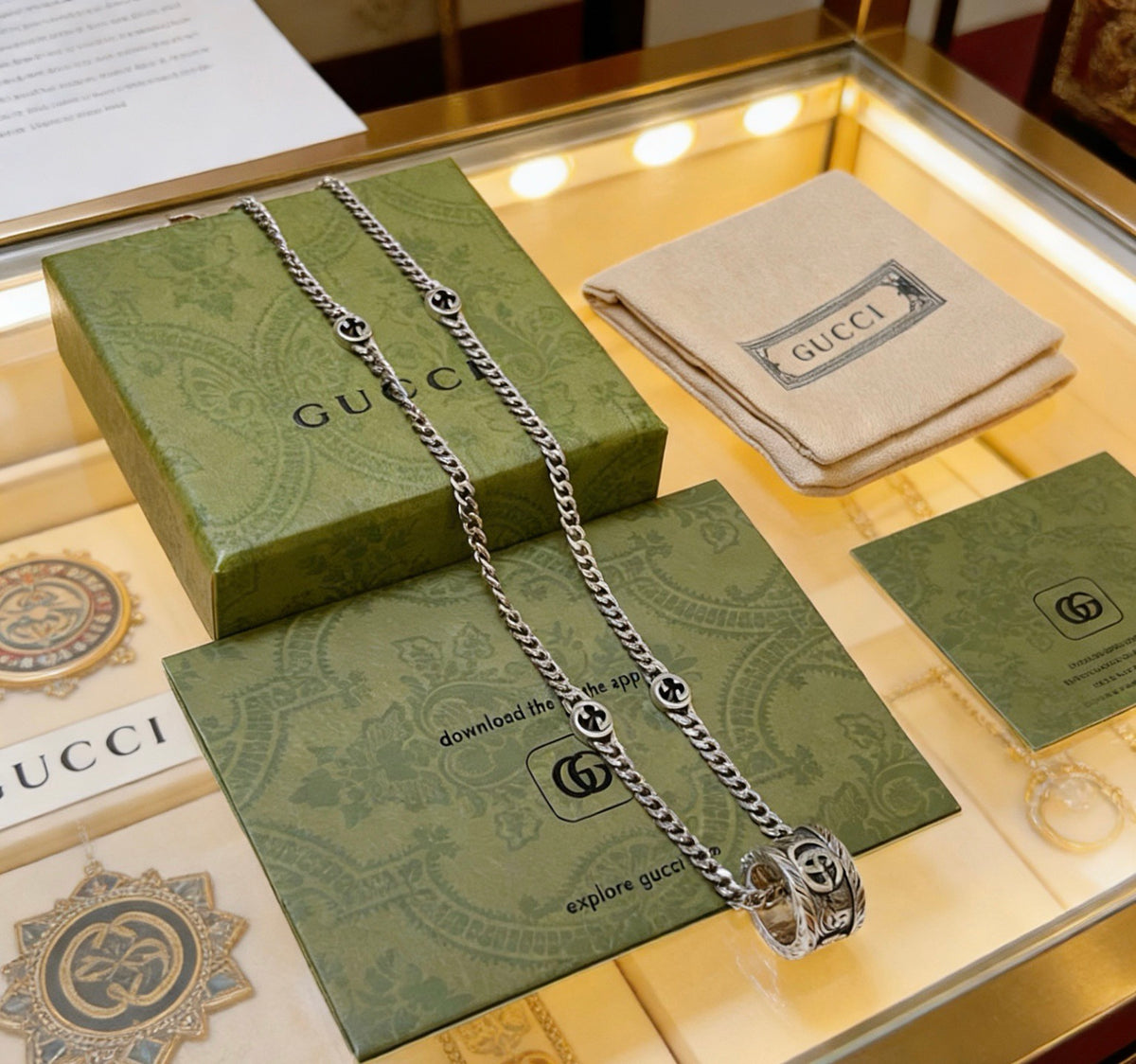 Double-G Emblem Pendant Necklace in Polished Metal-Tone – Design 047 detail view