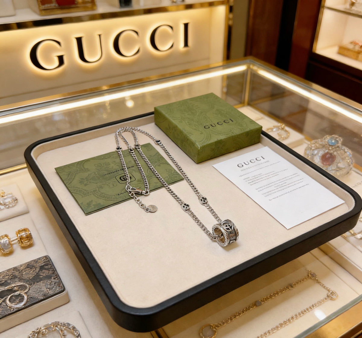 Double-G Emblem Pendant Necklace in Polished Metal-Tone – Design 068 main product view