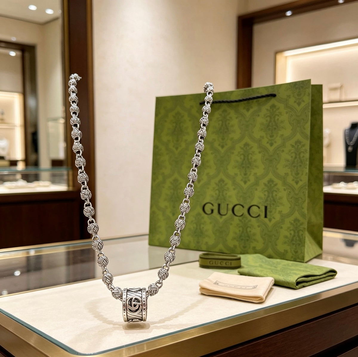 Double-G Emblem Pendant Necklace in Polished Metal-Tone – Design 048 styled product view