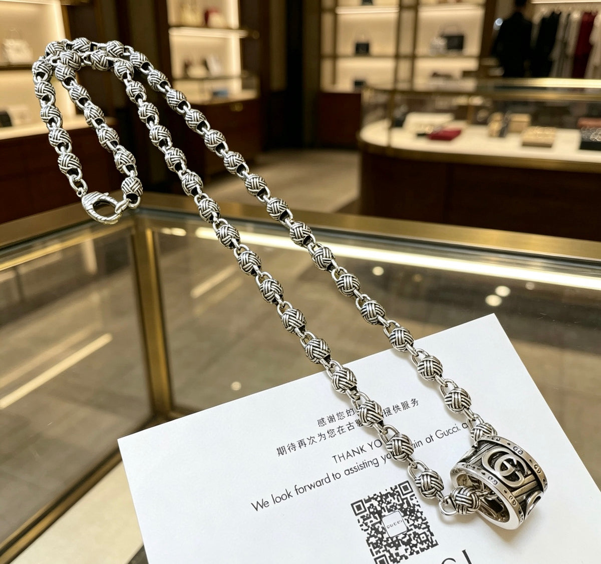 Double-G Emblem Pendant Necklace in Polished Metal-Tone – Design 048 front product view