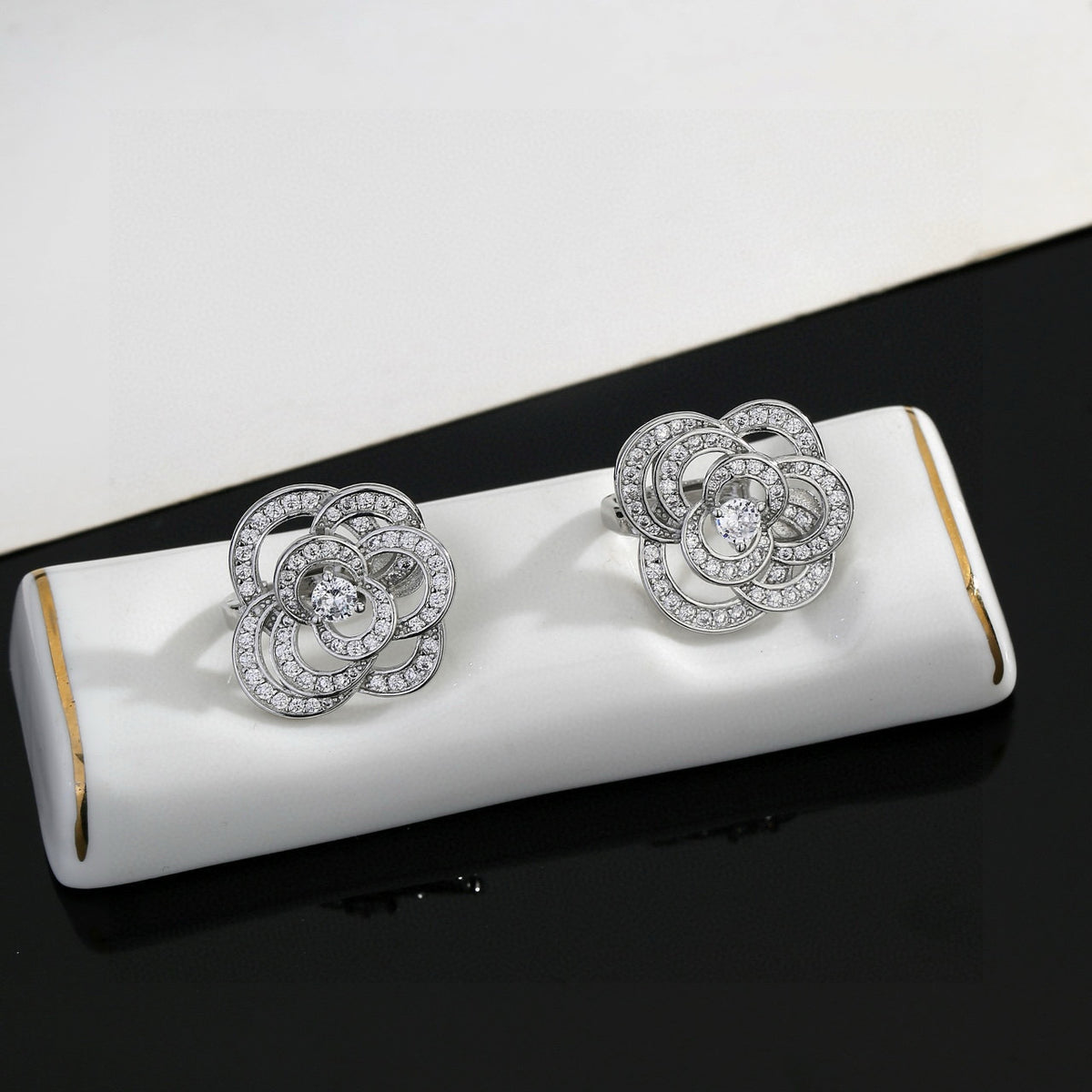 Camellia Stud Earrings in Gold-Tone – Camellia Detail front product view