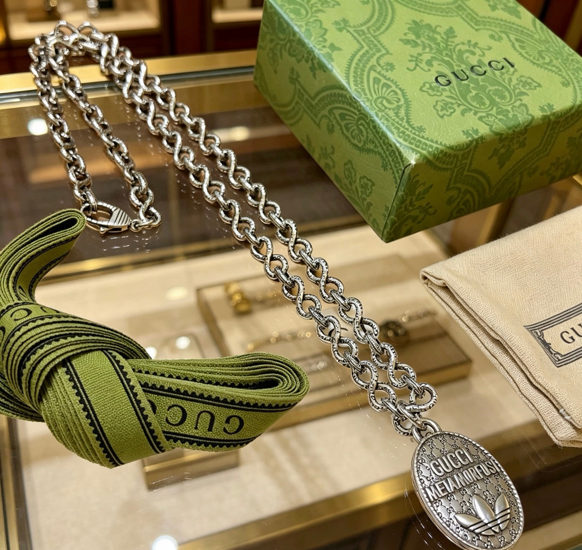 Double-G Emblem Pendant Necklace in Polished Metal-Tone – Design 066 front product view