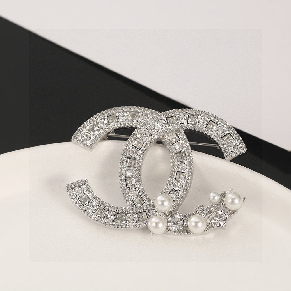 Double-C Emblem Brooch in Polished Metal-Tone – Pearl Detail – Design 004 front product view