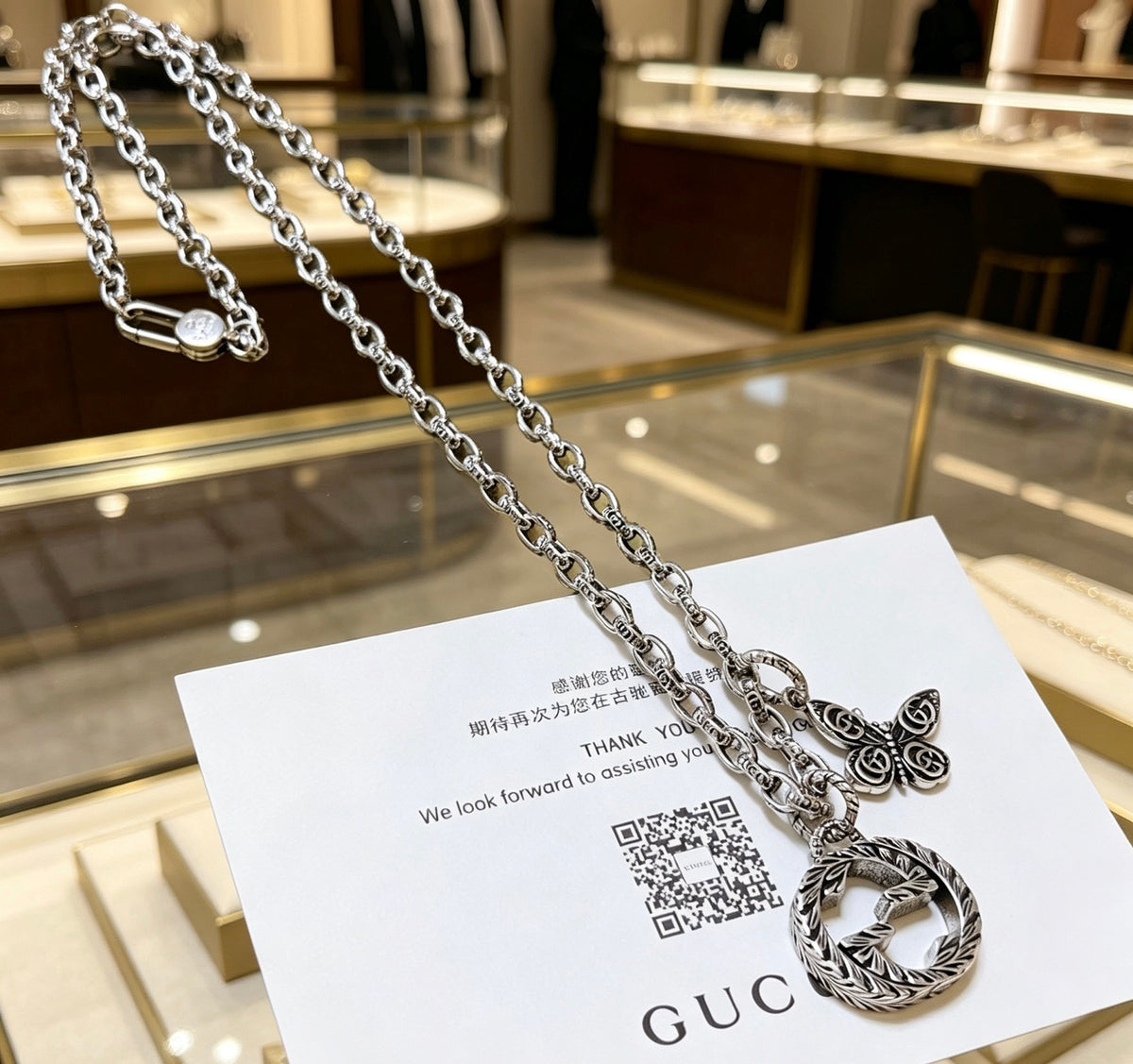 Double-G Emblem Pendant Necklace in Polished Metal-Tone – Design 050 styled product view